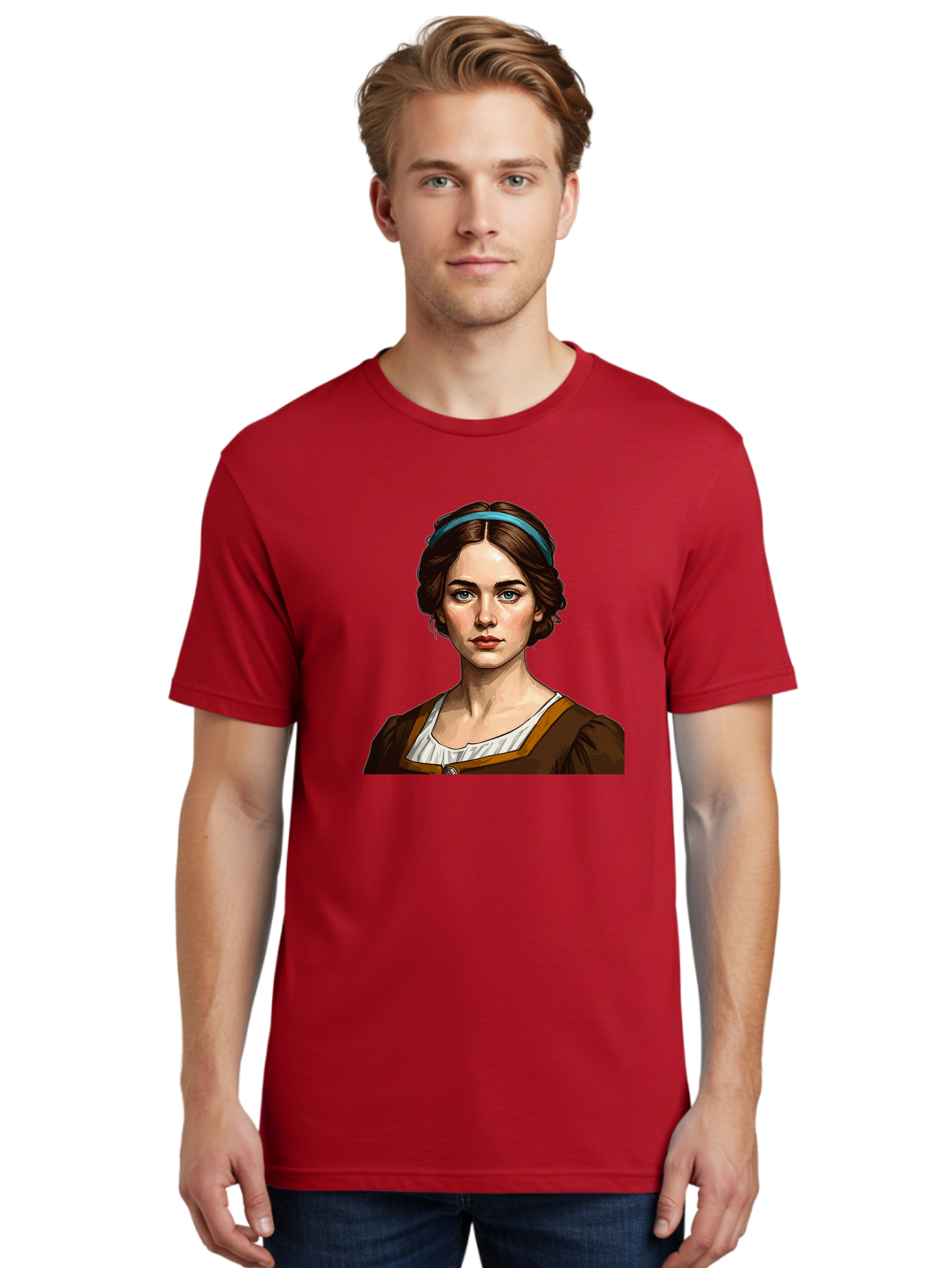 Young-Woman-Portrait-1 Men'S Graphic Tee, 100% Cotton, Comfortable Casual Summer Wear, Machine Washable, Young Woman Portrait, Blue Eyes, Brown Hair, Blue Headband, Brown Dress, White Collar, Renaissance-Inspired Art, Digital Illustration, Bad945
