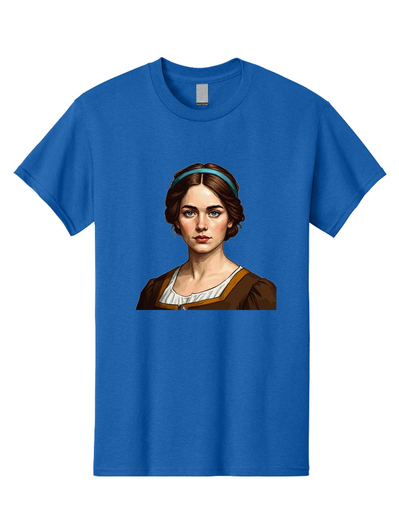 Young-Woman-Portrait-1 Men'S Graphic Tee, 100% Cotton, Comfortable Casual Summer Wear, Machine Washable, Young Woman Portrait, Blue Eyes, Brown Hair, Blue Headband, Brown Dress, White Collar, Renaissance-Inspired Art, Digital Illustration, Bad945
