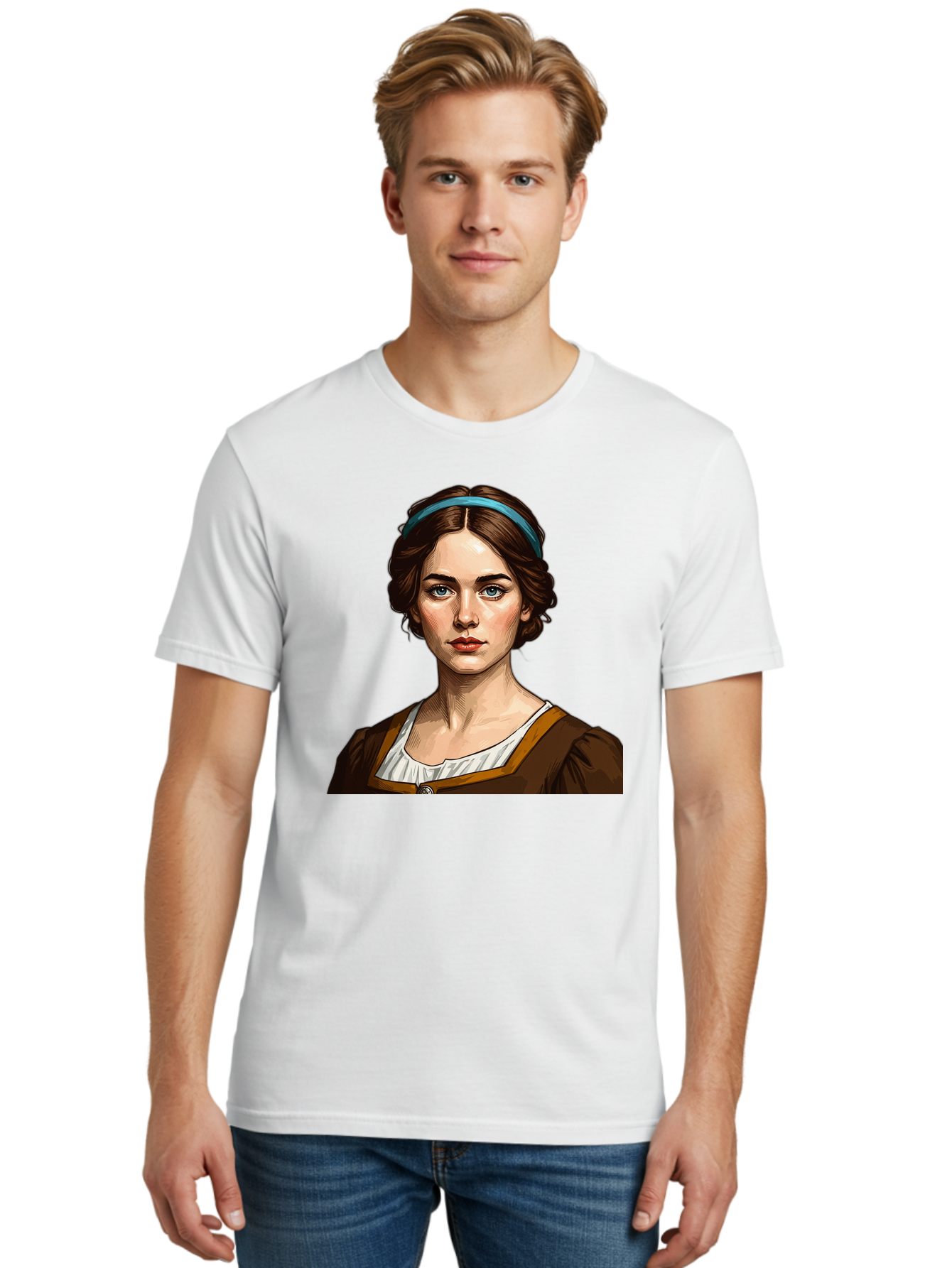 Young-Woman-Portrait-1 Men'S Graphic Tee, 100% Cotton, Comfortable Casual Summer Wear, Machine Washable, Young Woman Portrait, Blue Eyes, Brown Hair, Blue Headband, Brown Dress, White Collar, Renaissance-Inspired Art, Digital Illustration, Bad945