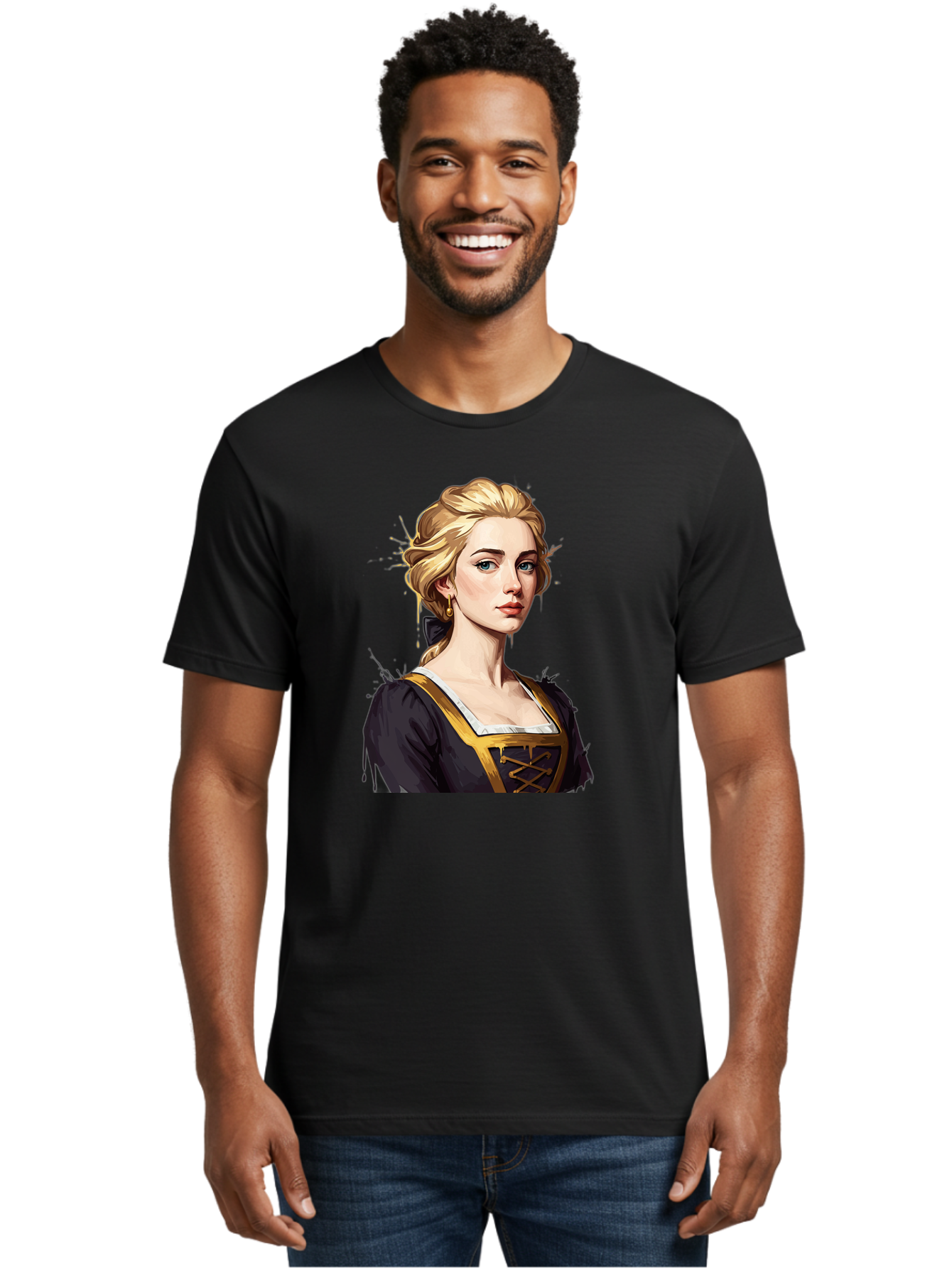 Young-Woman-Portrait Men'S Graphic Tee, 100% Cotton, Comfortable Casual Summer Wear, Machine Washable, Blonde Woman, Renaissance Portrait, Elegant Attire, Blue Eyes, Gold Accents, Medieval Fashion, Historical Figure, Realistic Portrait, Bad946