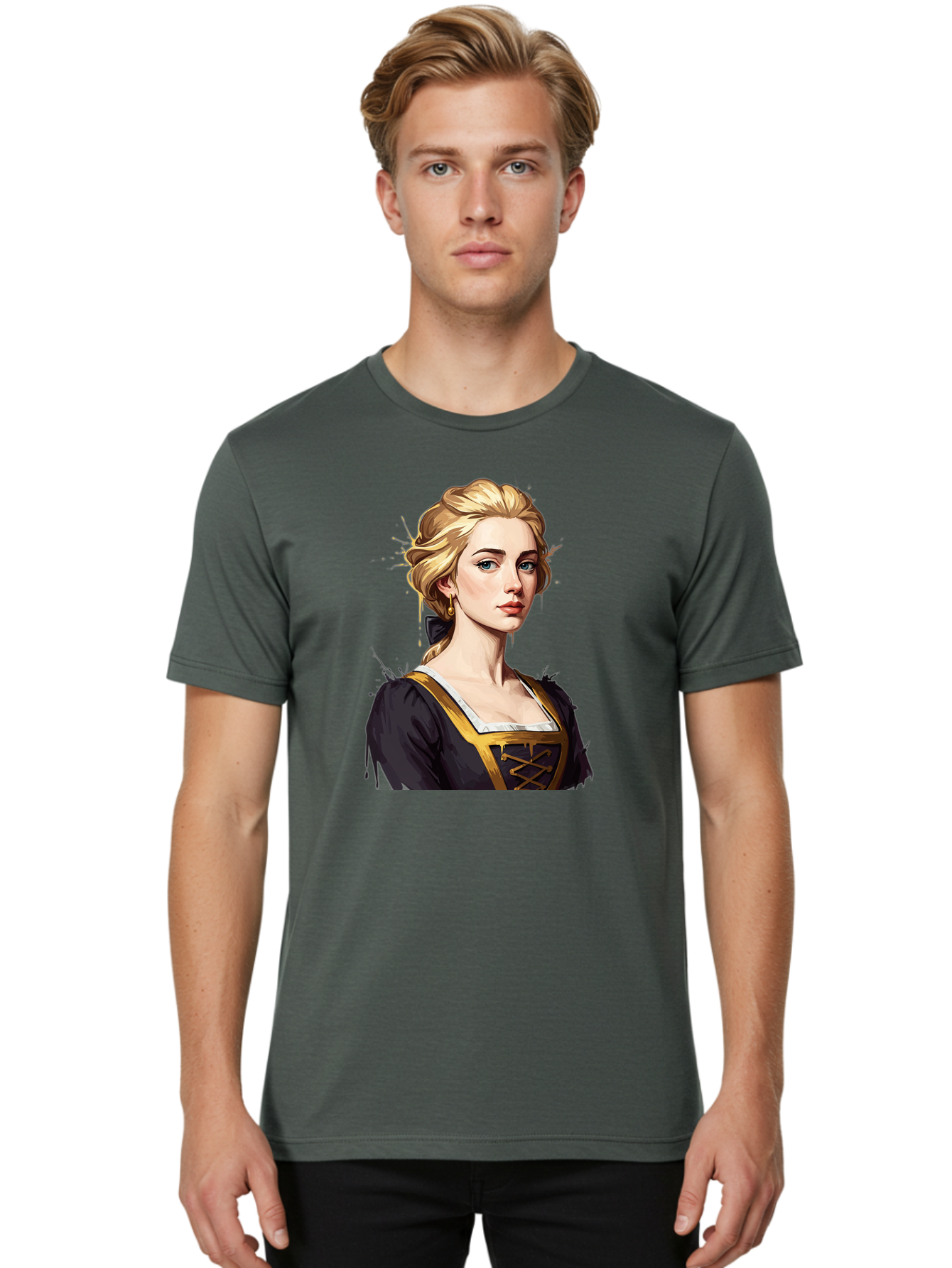 Young-Woman-Portrait Men'S Graphic Tee, 100% Cotton, Comfortable Casual Summer Wear, Machine Washable, Blonde Woman, Renaissance Portrait, Elegant Attire, Blue Eyes, Gold Accents, Medieval Fashion, Historical Figure, Realistic Portrait, Bad946