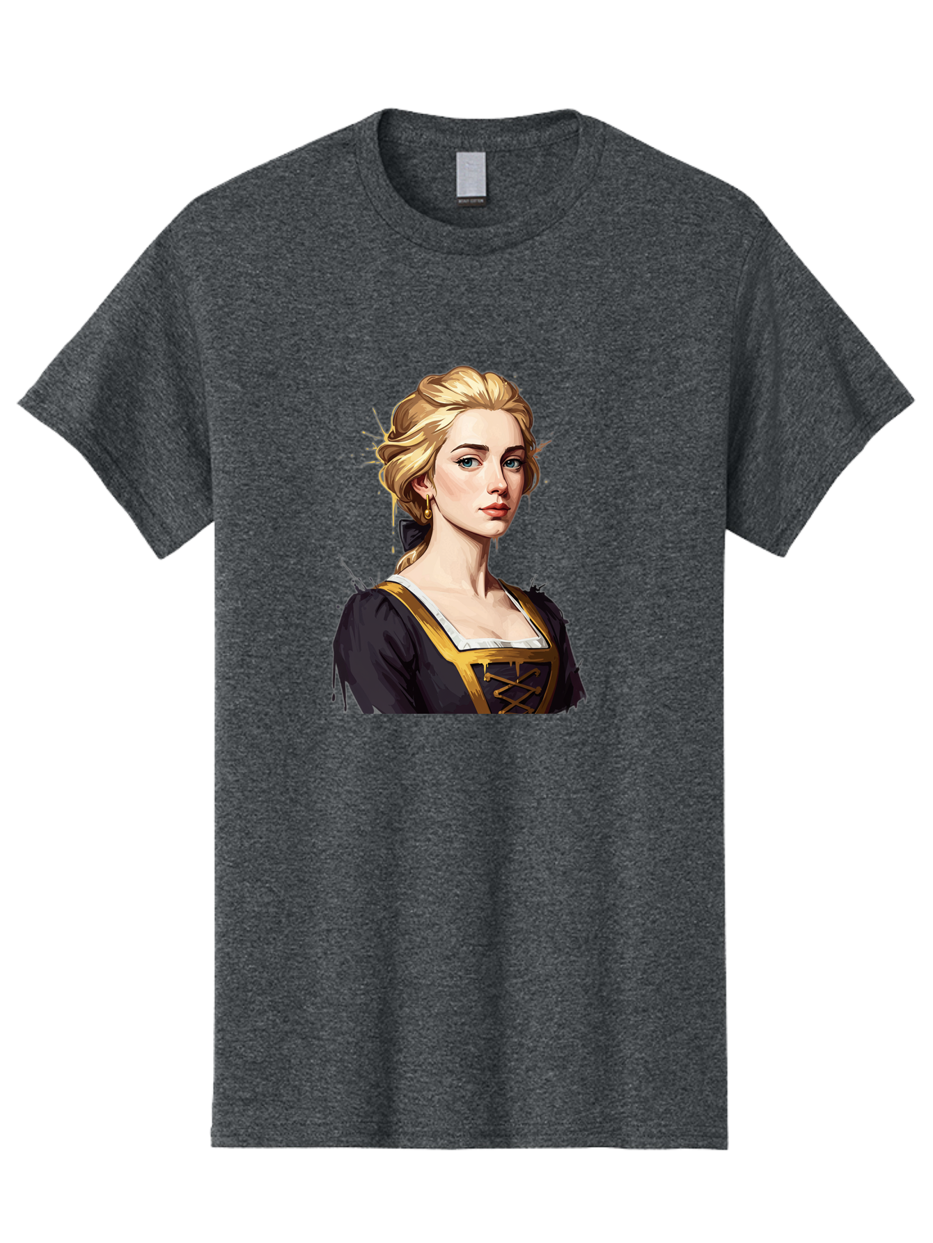 Young-Woman-Portrait Men'S Graphic Tee, 100% Cotton, Comfortable Casual Summer Wear, Machine Washable, Blonde Woman, Renaissance Portrait, Elegant Attire, Blue Eyes, Gold Accents, Medieval Fashion, Historical Figure, Realistic Portrait, Bad946