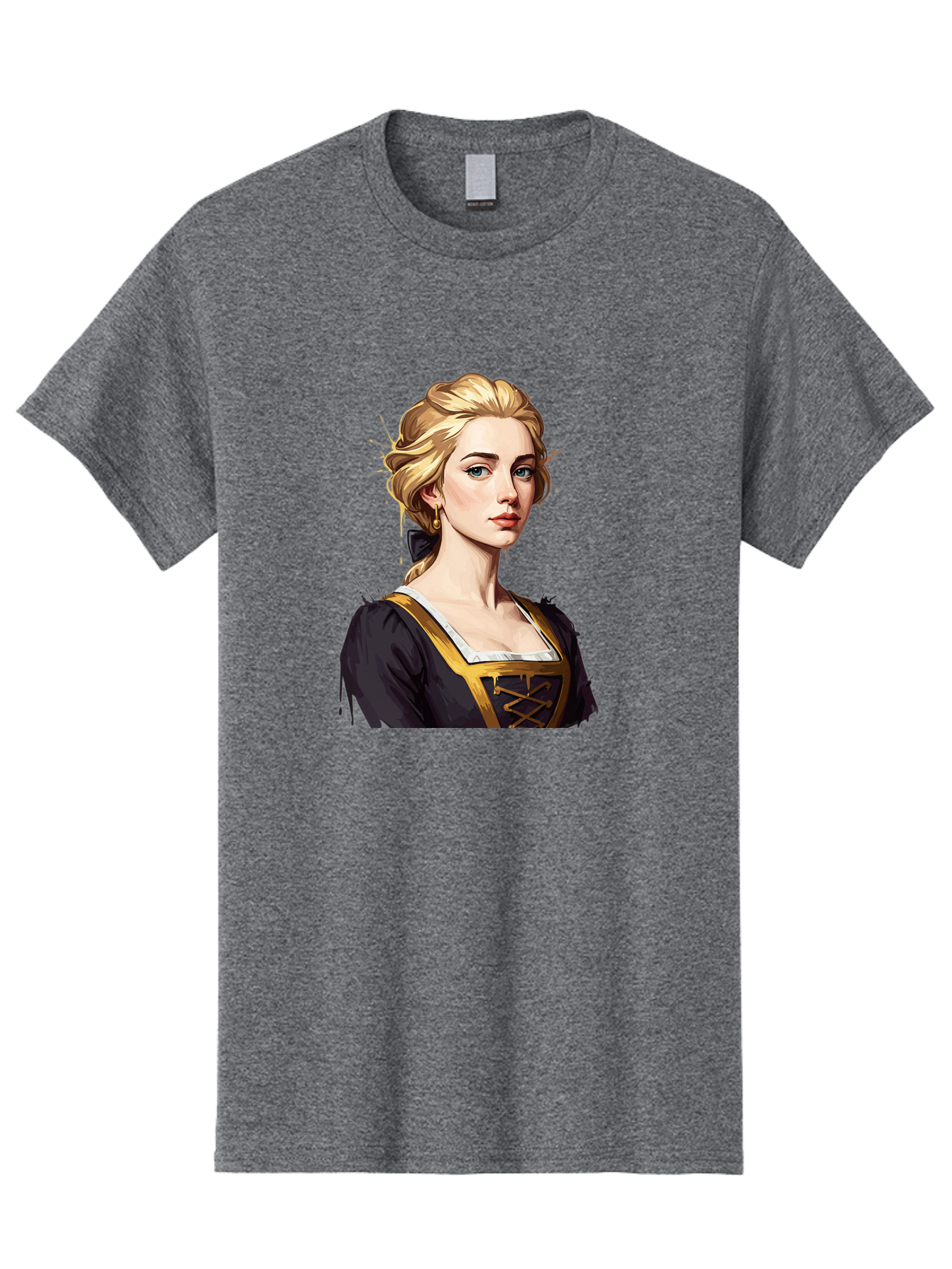 Young-Woman-Portrait Men'S Graphic Tee, 100% Cotton, Comfortable Casual Summer Wear, Machine Washable, Blonde Woman, Renaissance Portrait, Elegant Attire, Blue Eyes, Gold Accents, Medieval Fashion, Historical Figure, Realistic Portrait, Bad946