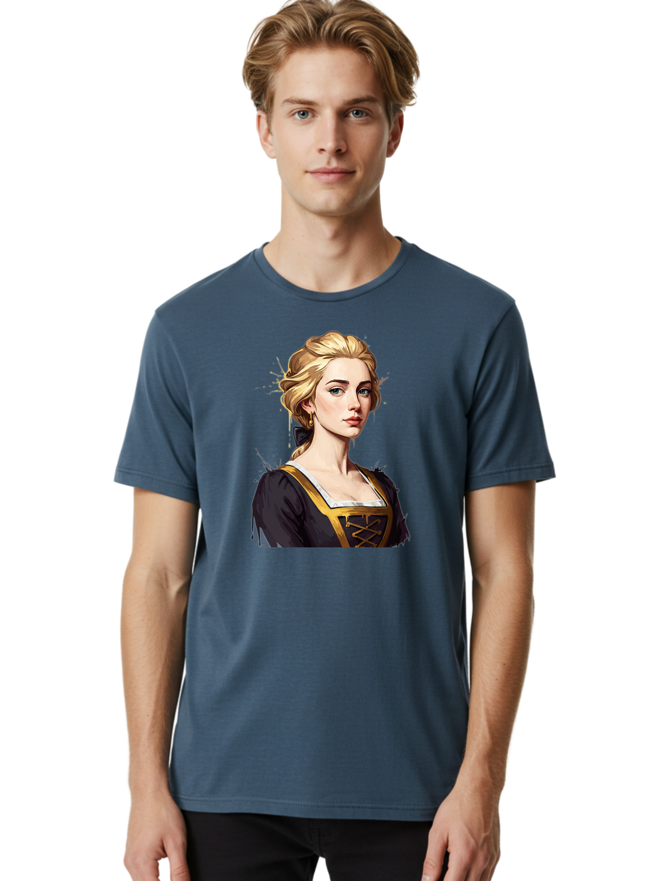Young-Woman-Portrait Men'S Graphic Tee, 100% Cotton, Comfortable Casual Summer Wear, Machine Washable, Blonde Woman, Renaissance Portrait, Elegant Attire, Blue Eyes, Gold Accents, Medieval Fashion, Historical Figure, Realistic Portrait, Bad946