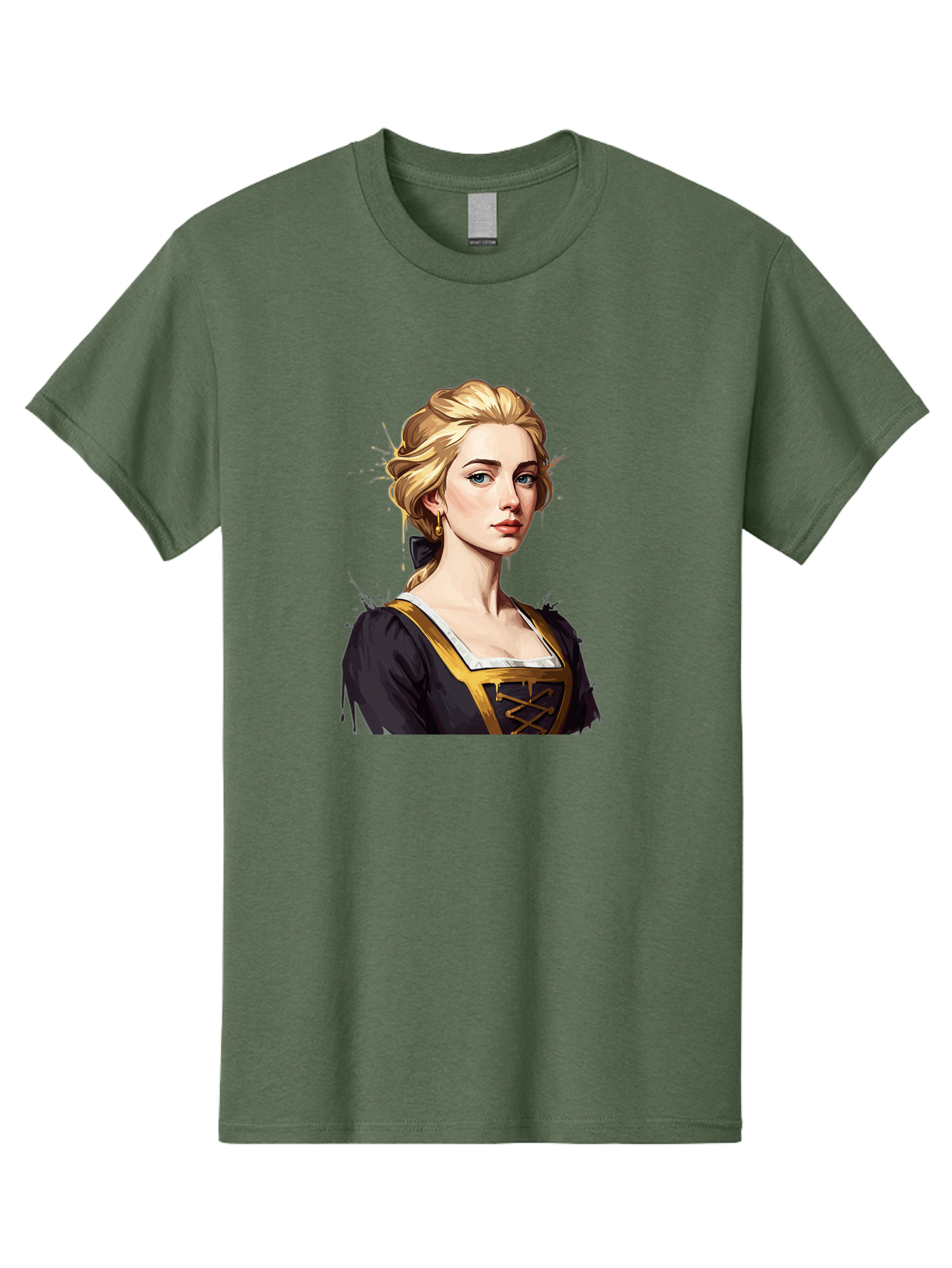 Young-Woman-Portrait Men'S Graphic Tee, 100% Cotton, Comfortable Casual Summer Wear, Machine Washable, Blonde Woman, Renaissance Portrait, Elegant Attire, Blue Eyes, Gold Accents, Medieval Fashion, Historical Figure, Realistic Portrait, Bad946
