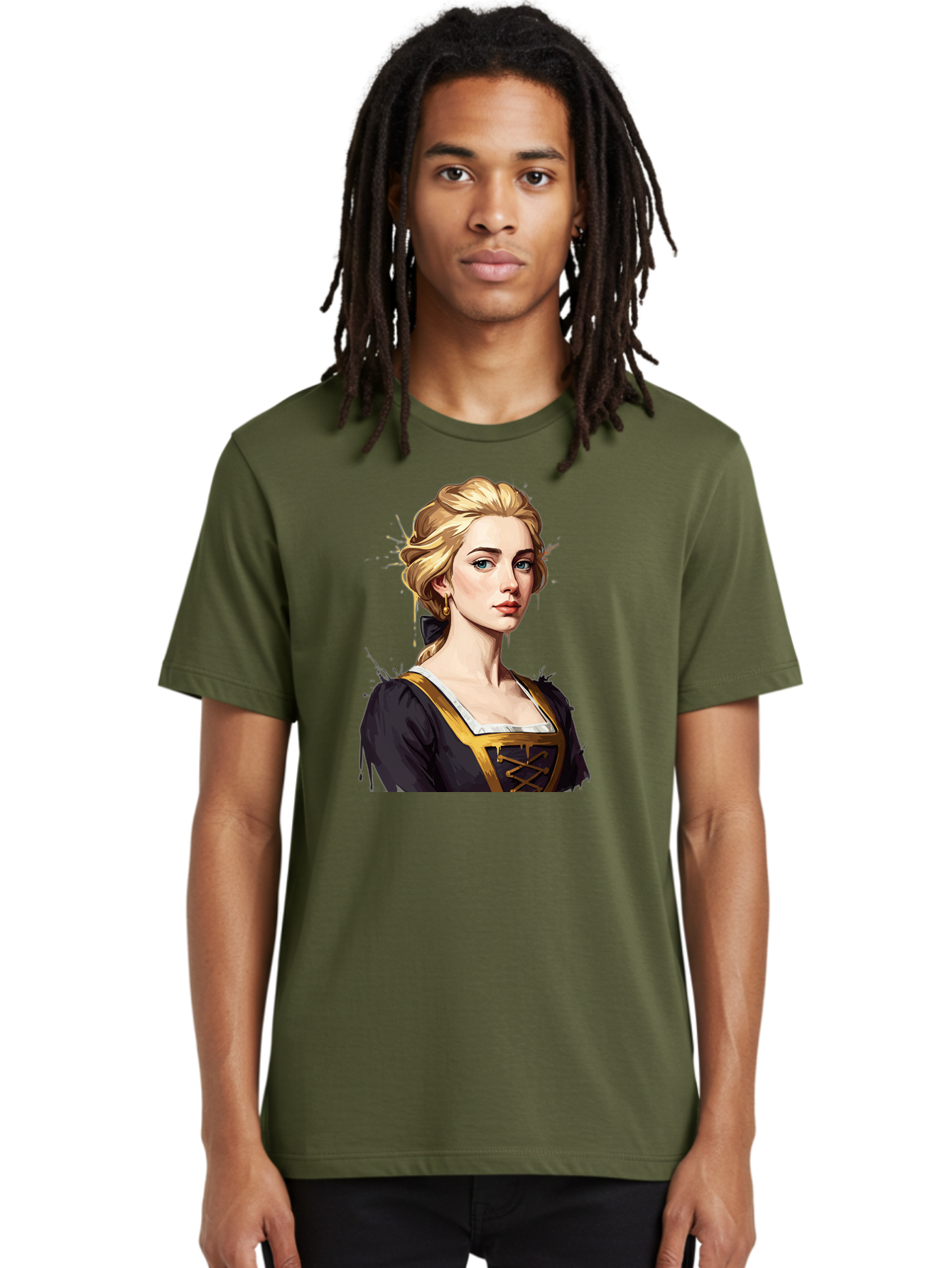 Young-Woman-Portrait Men'S Graphic Tee, 100% Cotton, Comfortable Casual Summer Wear, Machine Washable, Blonde Woman, Renaissance Portrait, Elegant Attire, Blue Eyes, Gold Accents, Medieval Fashion, Historical Figure, Realistic Portrait, Bad946
