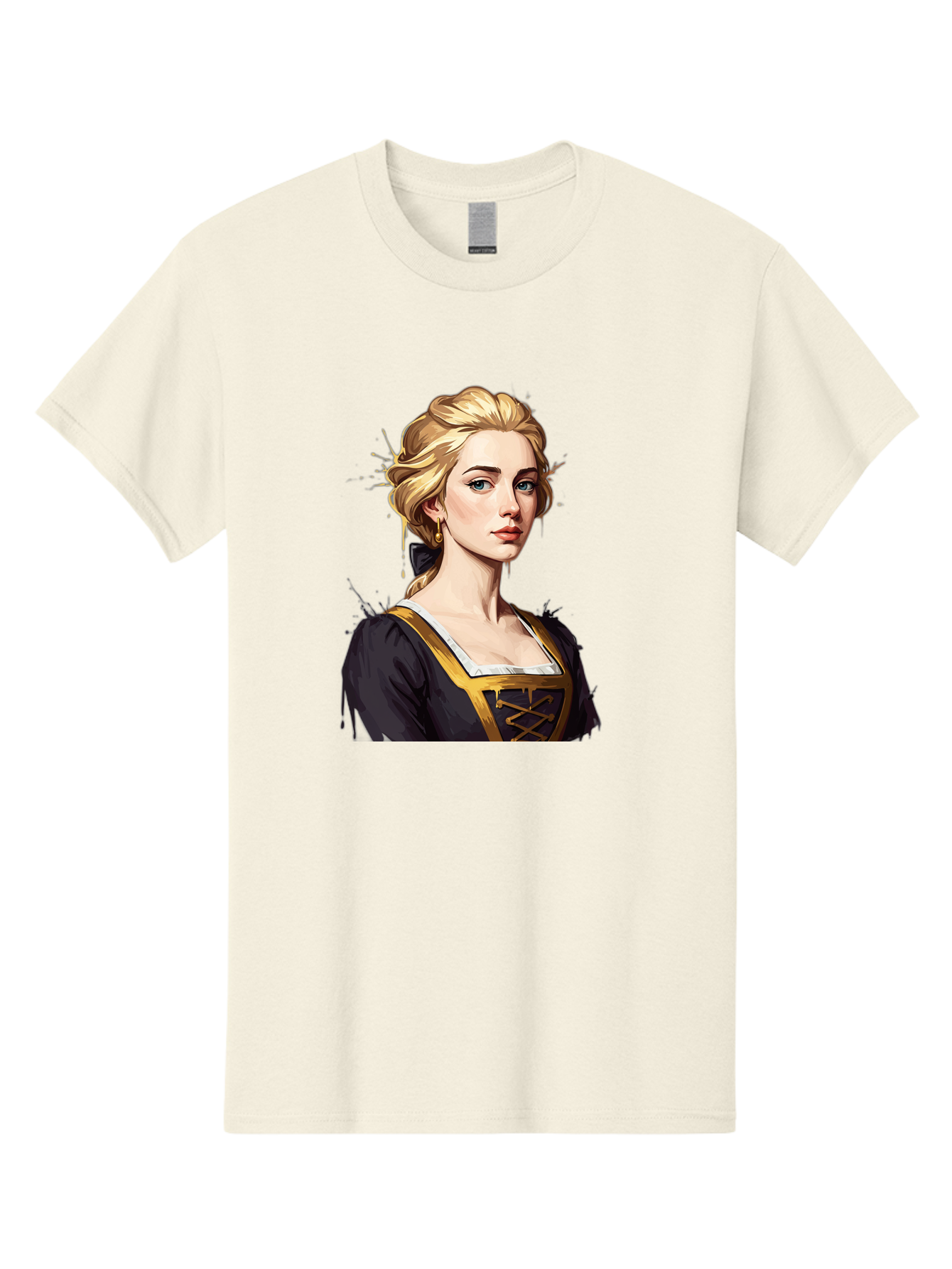 Young-Woman-Portrait Men'S Graphic Tee, 100% Cotton, Comfortable Casual Summer Wear, Machine Washable, Blonde Woman, Renaissance Portrait, Elegant Attire, Blue Eyes, Gold Accents, Medieval Fashion, Historical Figure, Realistic Portrait, Bad946