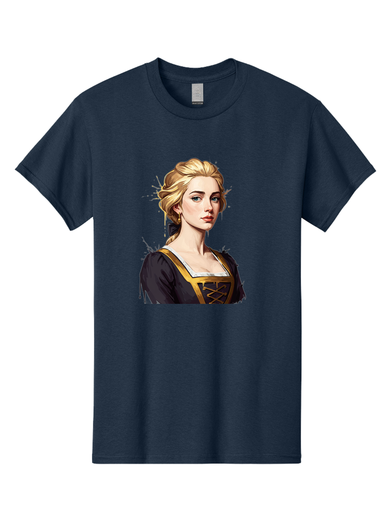 Young-Woman-Portrait Men'S Graphic Tee, 100% Cotton, Comfortable Casual Summer Wear, Machine Washable, Blonde Woman, Renaissance Portrait, Elegant Attire, Blue Eyes, Gold Accents, Medieval Fashion, Historical Figure, Realistic Portrait, Bad946