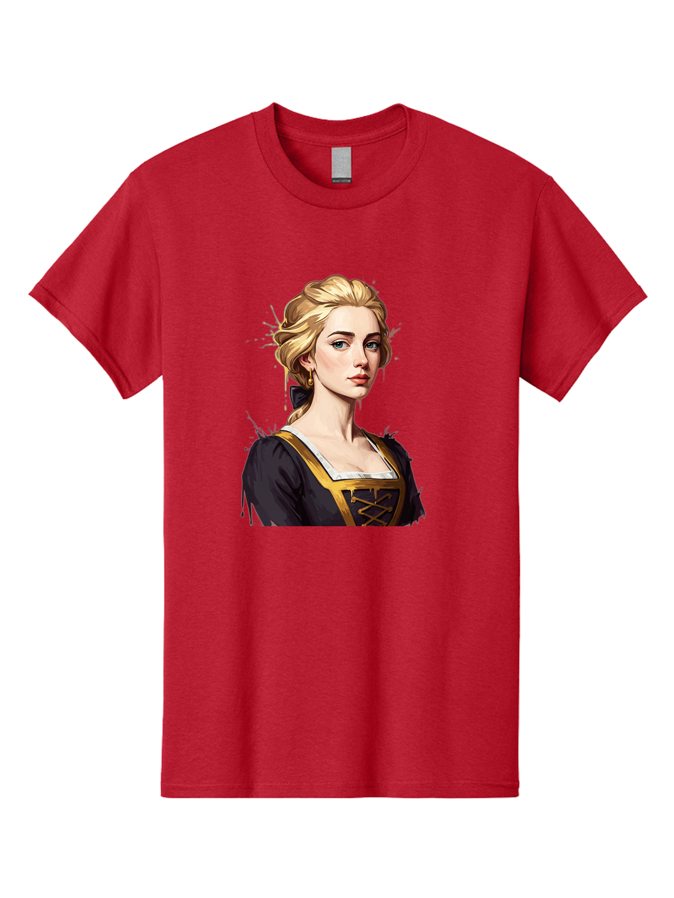 Young-Woman-Portrait Men'S Graphic Tee, 100% Cotton, Comfortable Casual Summer Wear, Machine Washable, Blonde Woman, Renaissance Portrait, Elegant Attire, Blue Eyes, Gold Accents, Medieval Fashion, Historical Figure, Realistic Portrait, Bad946
