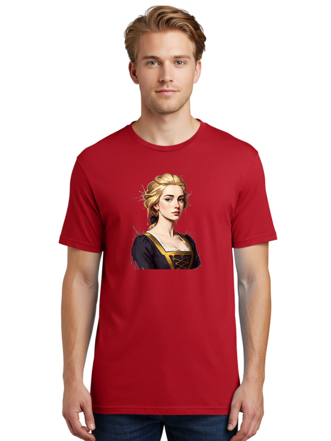 Young-Woman-Portrait Men'S Graphic Tee, 100% Cotton, Comfortable Casual Summer Wear, Machine Washable, Blonde Woman, Renaissance Portrait, Elegant Attire, Blue Eyes, Gold Accents, Medieval Fashion, Historical Figure, Realistic Portrait, Bad946