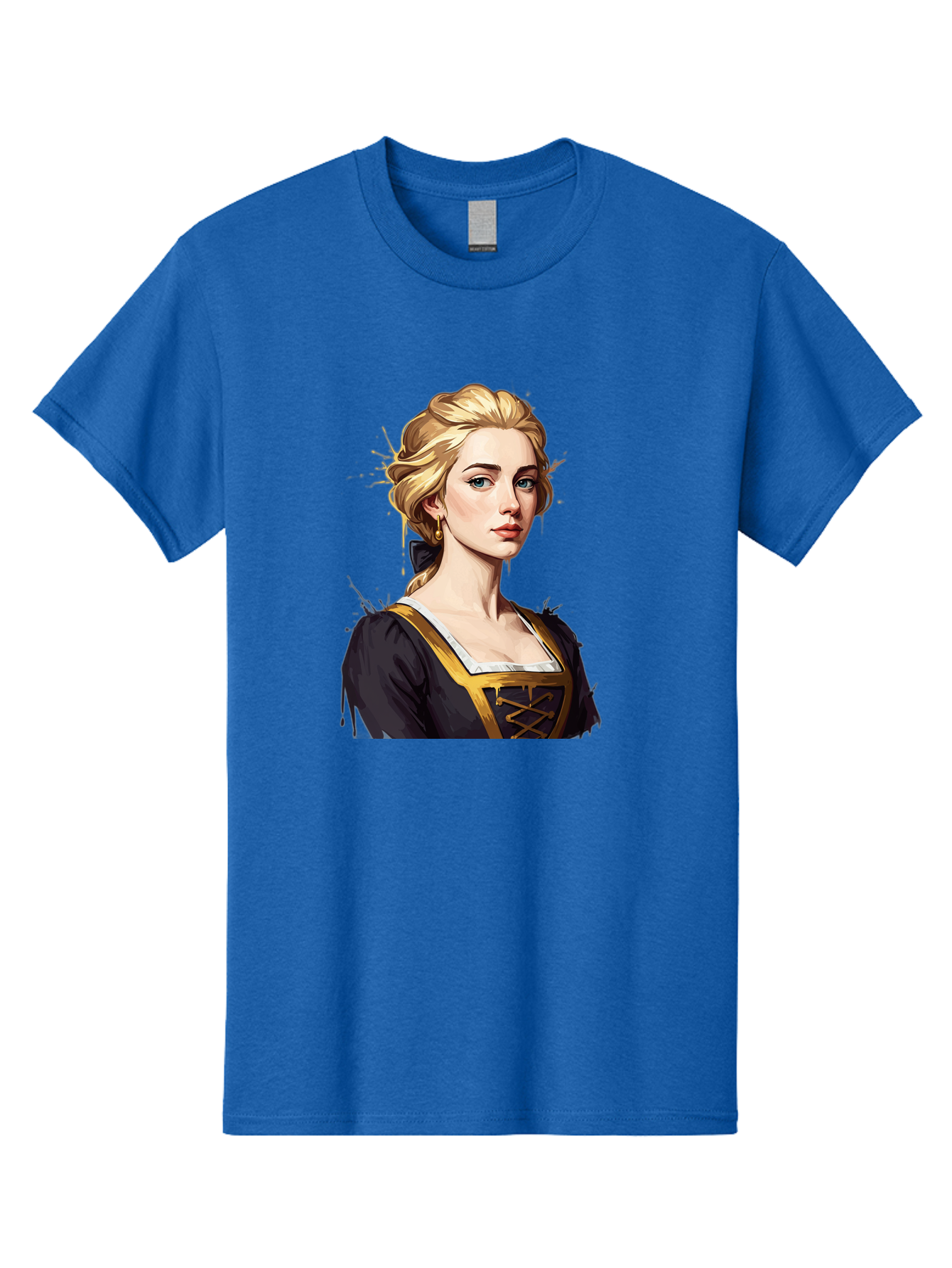 Young-Woman-Portrait Men'S Graphic Tee, 100% Cotton, Comfortable Casual Summer Wear, Machine Washable, Blonde Woman, Renaissance Portrait, Elegant Attire, Blue Eyes, Gold Accents, Medieval Fashion, Historical Figure, Realistic Portrait, Bad946