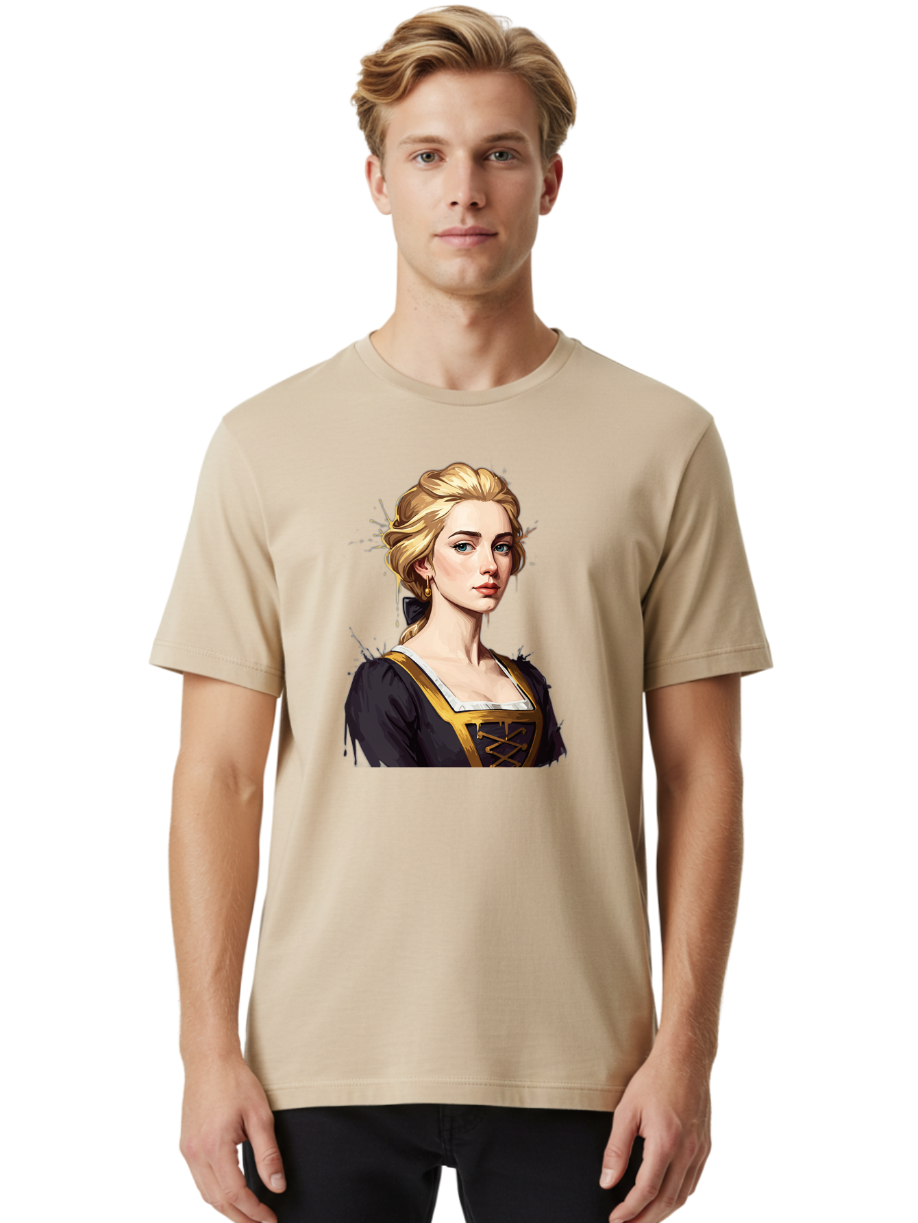 Young-Woman-Portrait Men'S Graphic Tee, 100% Cotton, Comfortable Casual Summer Wear, Machine Washable, Blonde Woman, Renaissance Portrait, Elegant Attire, Blue Eyes, Gold Accents, Medieval Fashion, Historical Figure, Realistic Portrait, Bad946