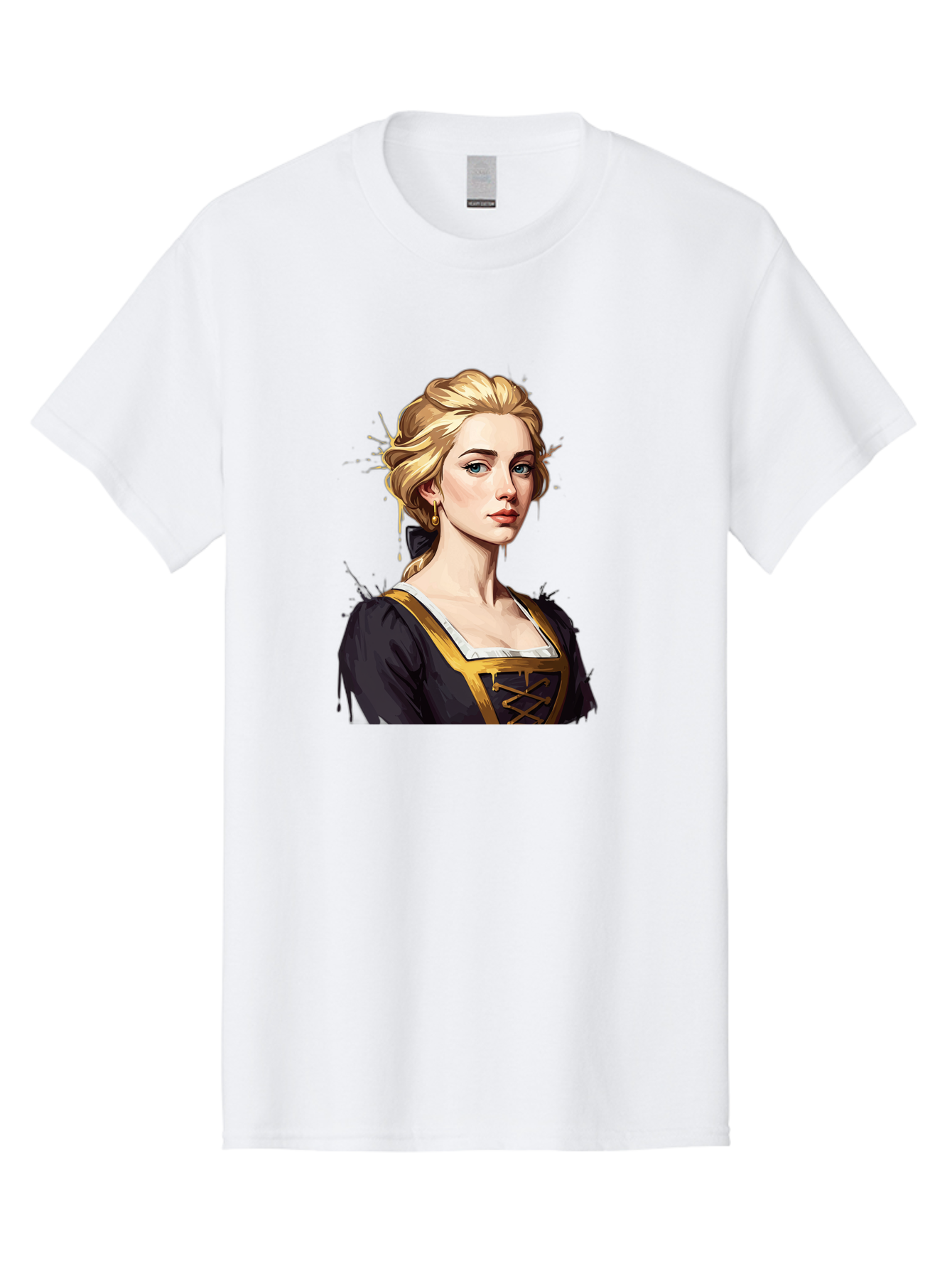 Young-Woman-Portrait Men'S Graphic Tee, 100% Cotton, Comfortable Casual Summer Wear, Machine Washable, Blonde Woman, Renaissance Portrait, Elegant Attire, Blue Eyes, Gold Accents, Medieval Fashion, Historical Figure, Realistic Portrait, Bad946