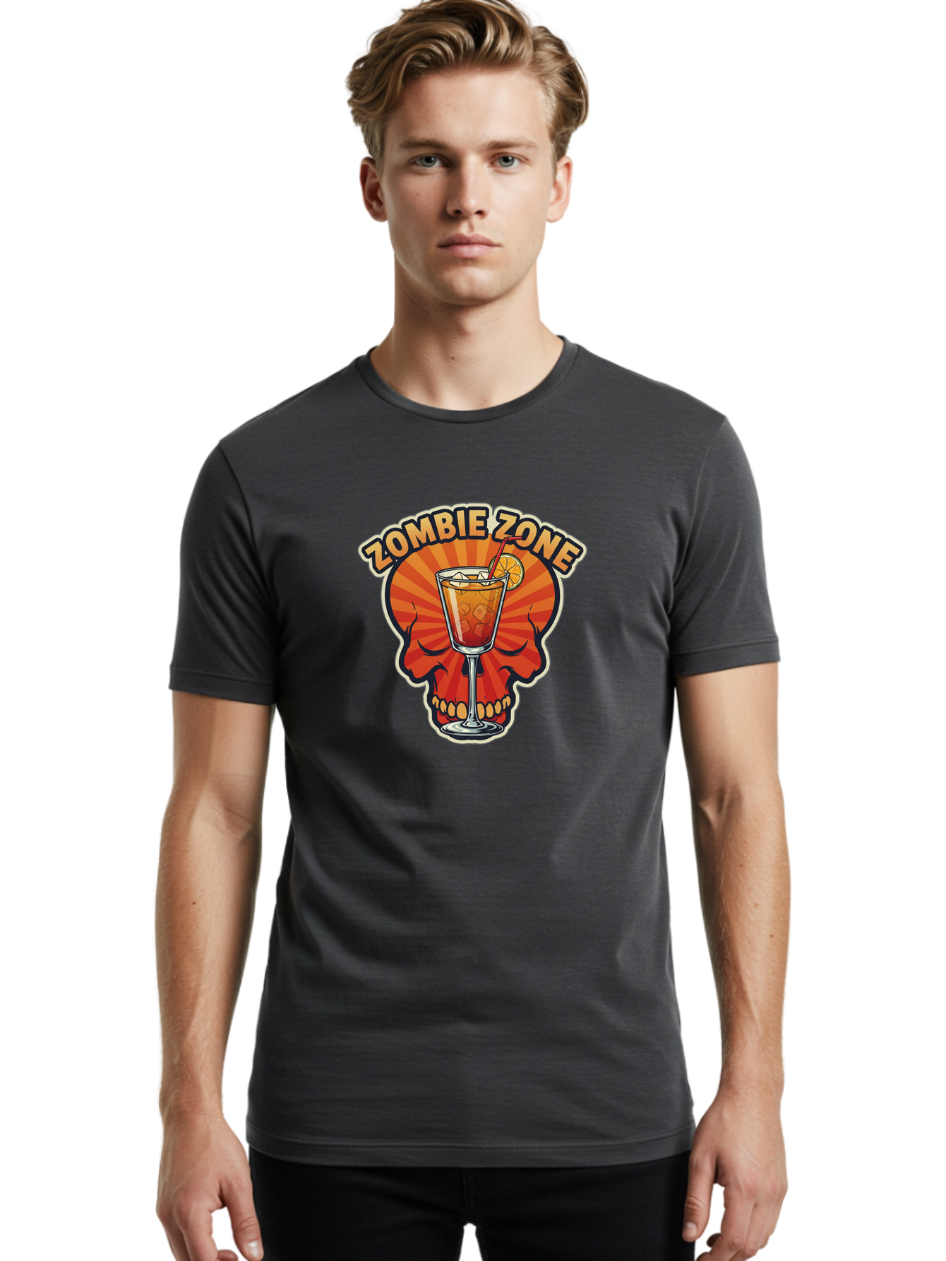 Zombie-Zone Men'S Graphic Tee, 100% Cotton, Comfortable Casual Summer Wear, Machine Washable, Zombie Zone Cocktail, Orange And Red Skull, Tiki Drink, Zombie-Themed Bar, Cocktail Party, Summer Vibes, Orange Drink, Horror-Themed Drinks Bad949