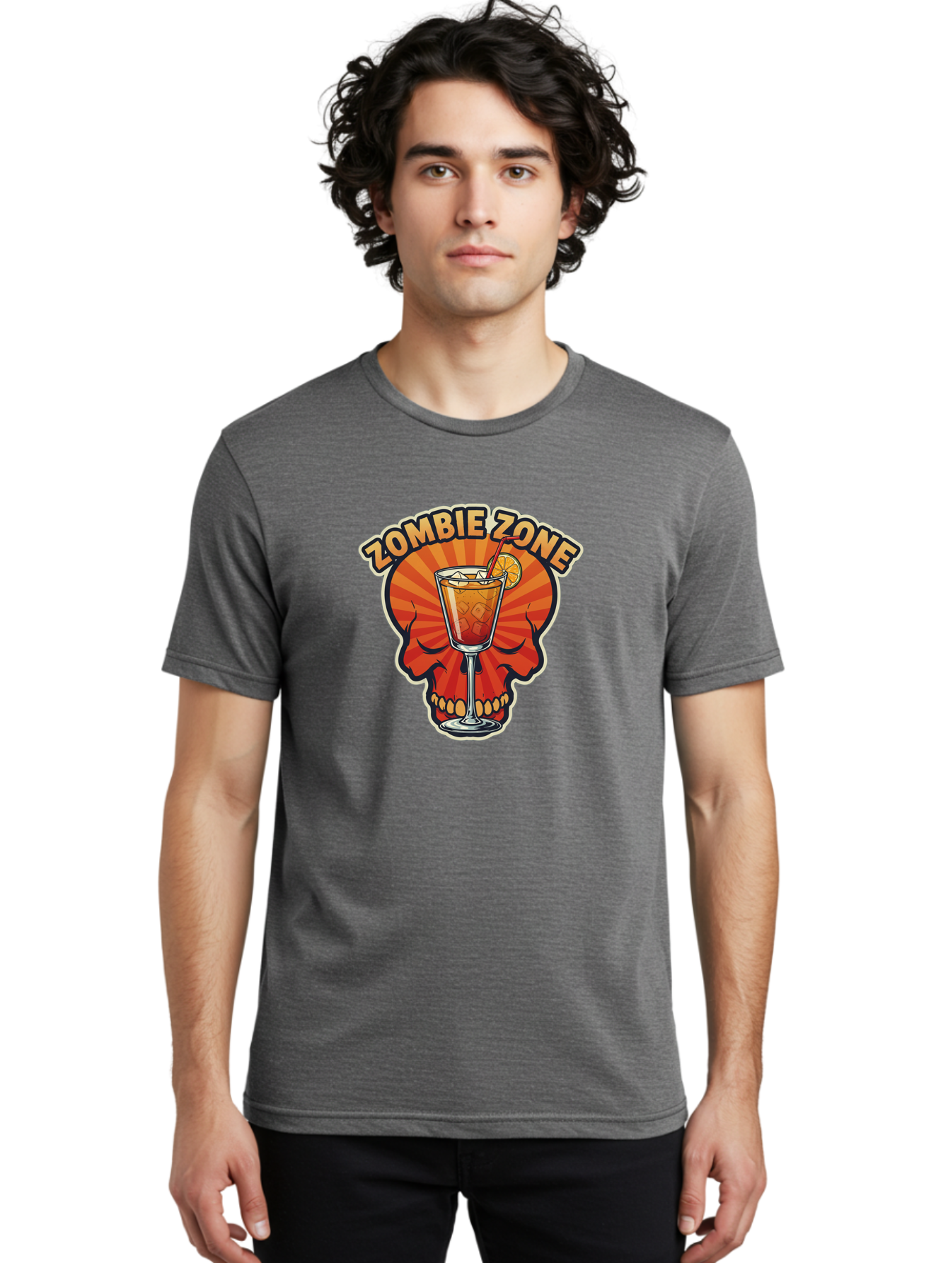 Zombie-Zone Men'S Graphic Tee, 100% Cotton, Comfortable Casual Summer Wear, Machine Washable, Zombie Zone Cocktail, Orange And Red Skull, Tiki Drink, Zombie-Themed Bar, Cocktail Party, Summer Vibes, Orange Drink, Horror-Themed Drinks Bad949