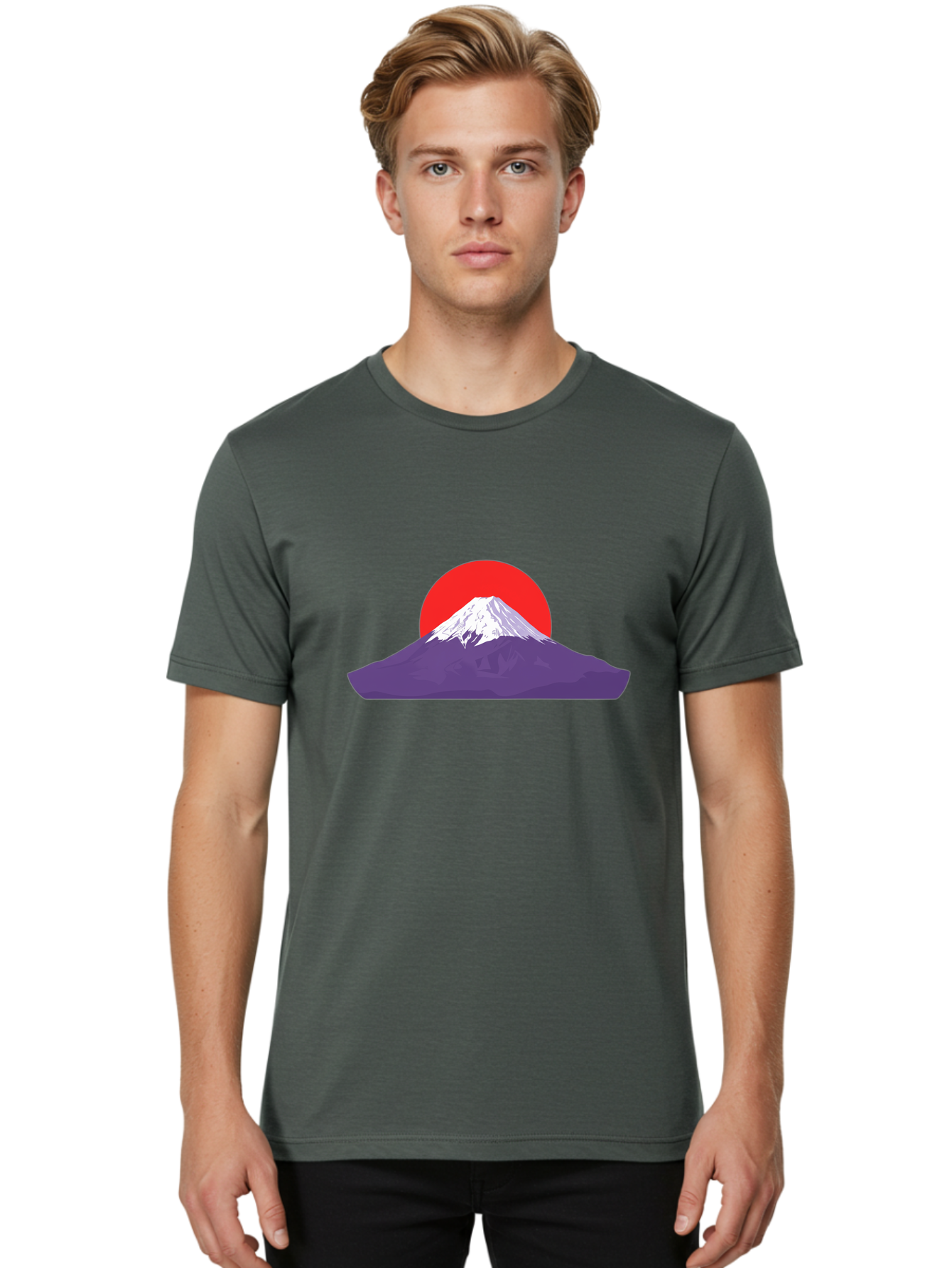 Fuji Men'S Graphic Tee, 100% Cotton, Comfortable Casual Summer Wear, Machine Washable, Mount Fuji Landscape, Red Sun, White Snow, Purple Mountain, Japan Scenery, Minimalist Art, Simple Shapes, Iconic Landmark, Serene Atmosphere, Bad952
