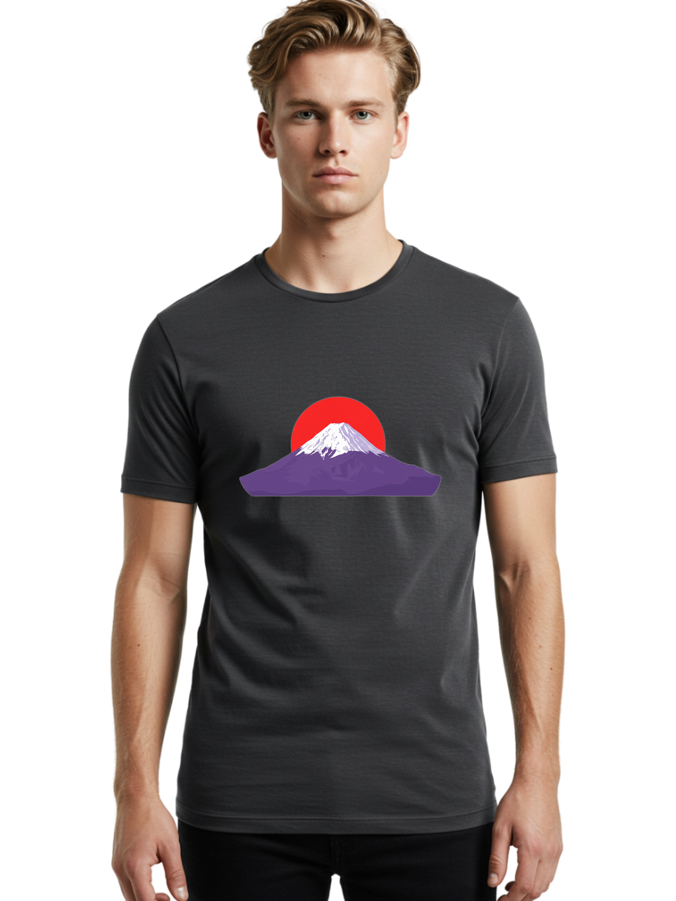 Fuji Men'S Graphic Tee, 100% Cotton, Comfortable Casual Summer Wear, Machine Washable, Mount Fuji Landscape, Red Sun, White Snow, Purple Mountain, Japan Scenery, Minimalist Art, Simple Shapes, Iconic Landmark, Serene Atmosphere, Bad952