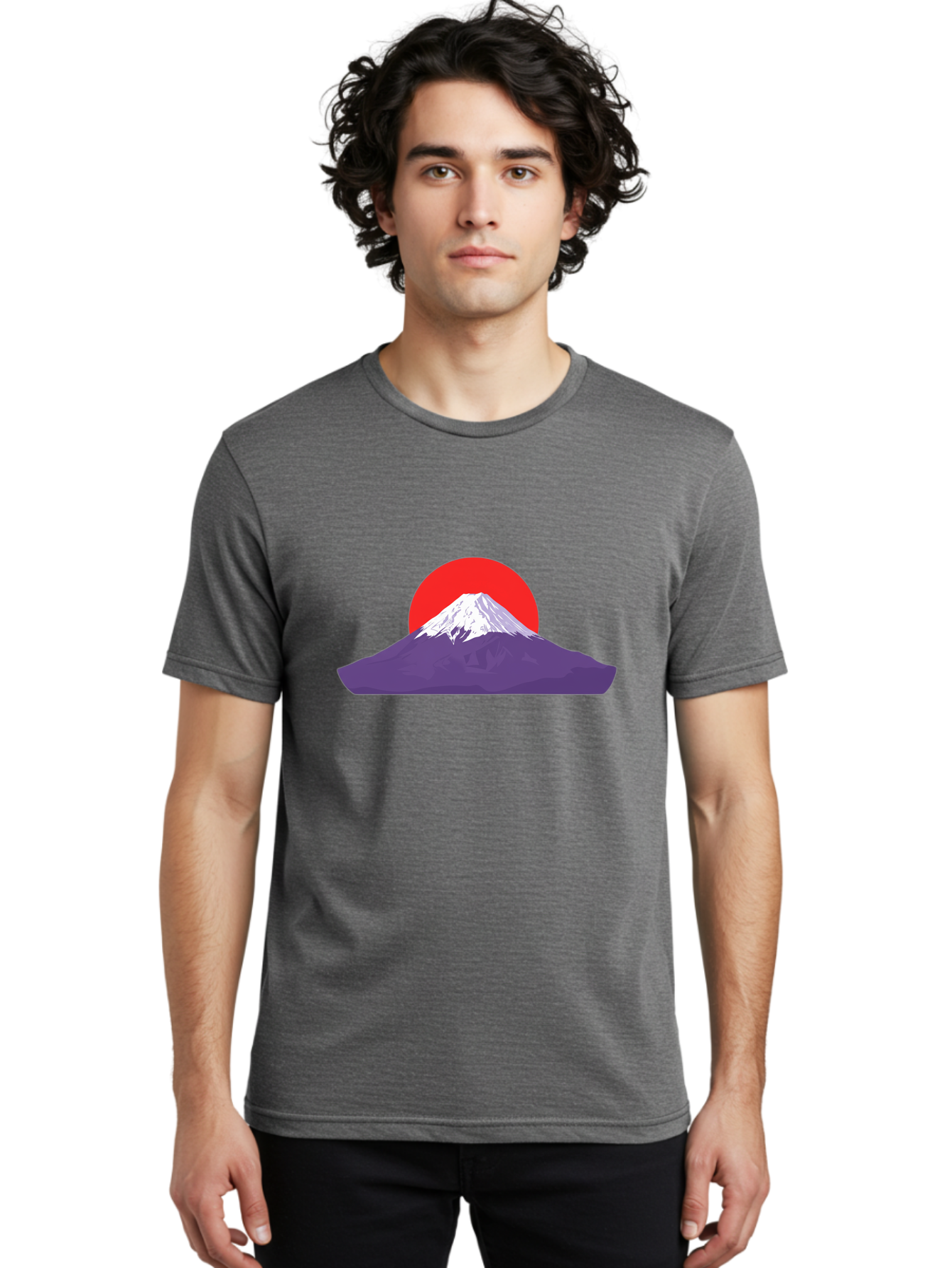 Fuji Men'S Graphic Tee, 100% Cotton, Comfortable Casual Summer Wear, Machine Washable, Mount Fuji Landscape, Red Sun, White Snow, Purple Mountain, Japan Scenery, Minimalist Art, Simple Shapes, Iconic Landmark, Serene Atmosphere, Bad952