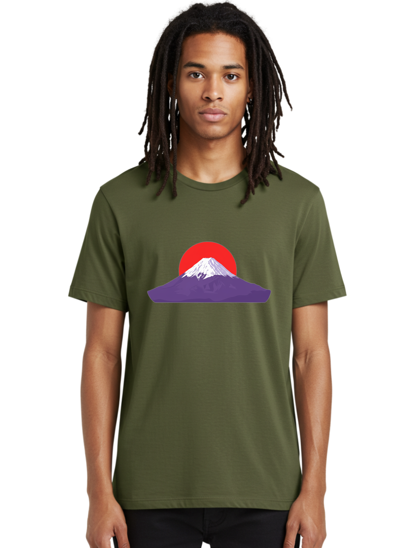 Fuji Men'S Graphic Tee, 100% Cotton, Comfortable Casual Summer Wear, Machine Washable, Mount Fuji Landscape, Red Sun, White Snow, Purple Mountain, Japan Scenery, Minimalist Art, Simple Shapes, Iconic Landmark, Serene Atmosphere, Bad952