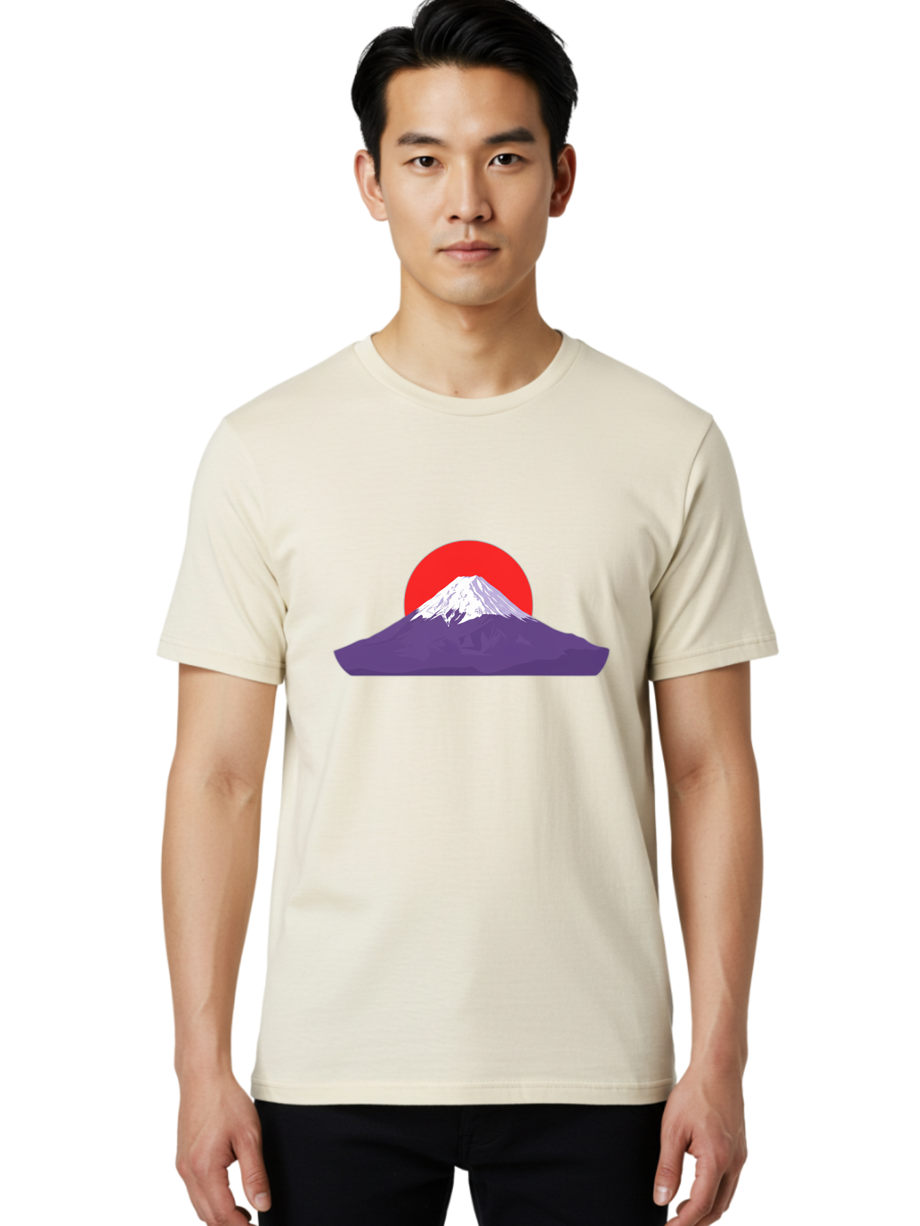 Fuji Men'S Graphic Tee, 100% Cotton, Comfortable Casual Summer Wear, Machine Washable, Mount Fuji Landscape, Red Sun, White Snow, Purple Mountain, Japan Scenery, Minimalist Art, Simple Shapes, Iconic Landmark, Serene Atmosphere, Bad952