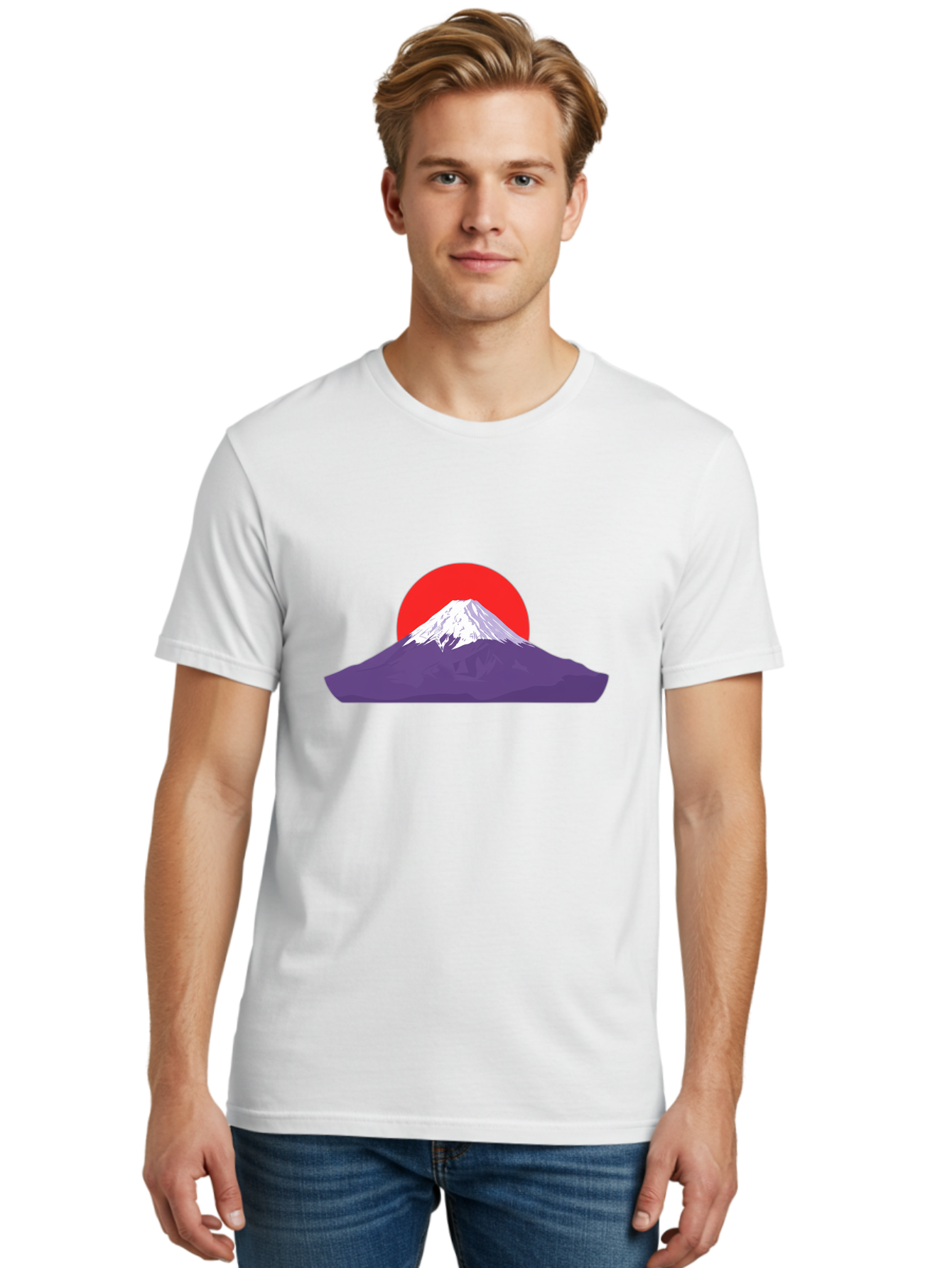 Fuji Men'S Graphic Tee, 100% Cotton, Comfortable Casual Summer Wear, Machine Washable, Mount Fuji Landscape, Red Sun, White Snow, Purple Mountain, Japan Scenery, Minimalist Art, Simple Shapes, Iconic Landmark, Serene Atmosphere, Bad952