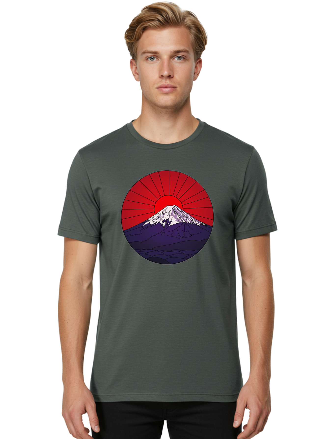 Fujisan Men'S Graphic Tee, 100% Cotton, Comfortable Casual Summer Wear, Machine Washable, Mount Fuji Landscape, Red Sunrise, Iconic Mountain, Japan Scenery, Minimalist Art, Sunrise Over Mountains, Snow-Capped Peak Bad953