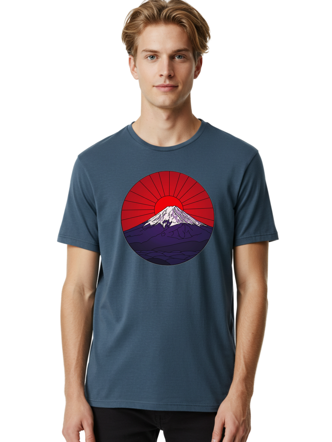 Fujisan Men'S Graphic Tee, 100% Cotton, Comfortable Casual Summer Wear, Machine Washable, Mount Fuji Landscape, Red Sunrise, Iconic Mountain, Japan Scenery, Minimalist Art, Sunrise Over Mountains, Snow-Capped Peak Bad953