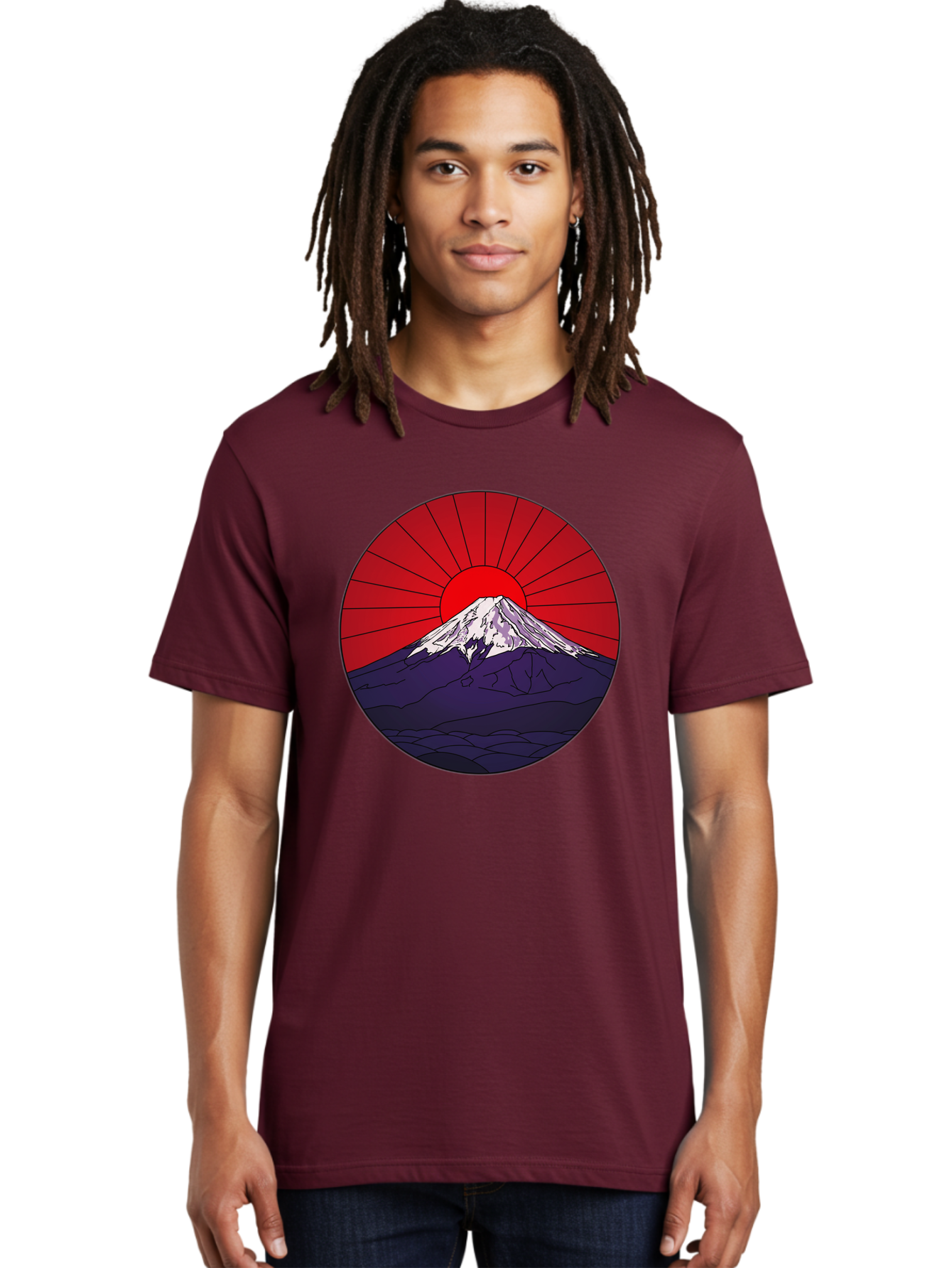 Fujisan Men'S Graphic Tee, 100% Cotton, Comfortable Casual Summer Wear, Machine Washable, Mount Fuji Landscape, Red Sunrise, Iconic Mountain, Japan Scenery, Minimalist Art, Sunrise Over Mountains, Snow-Capped Peak Bad953