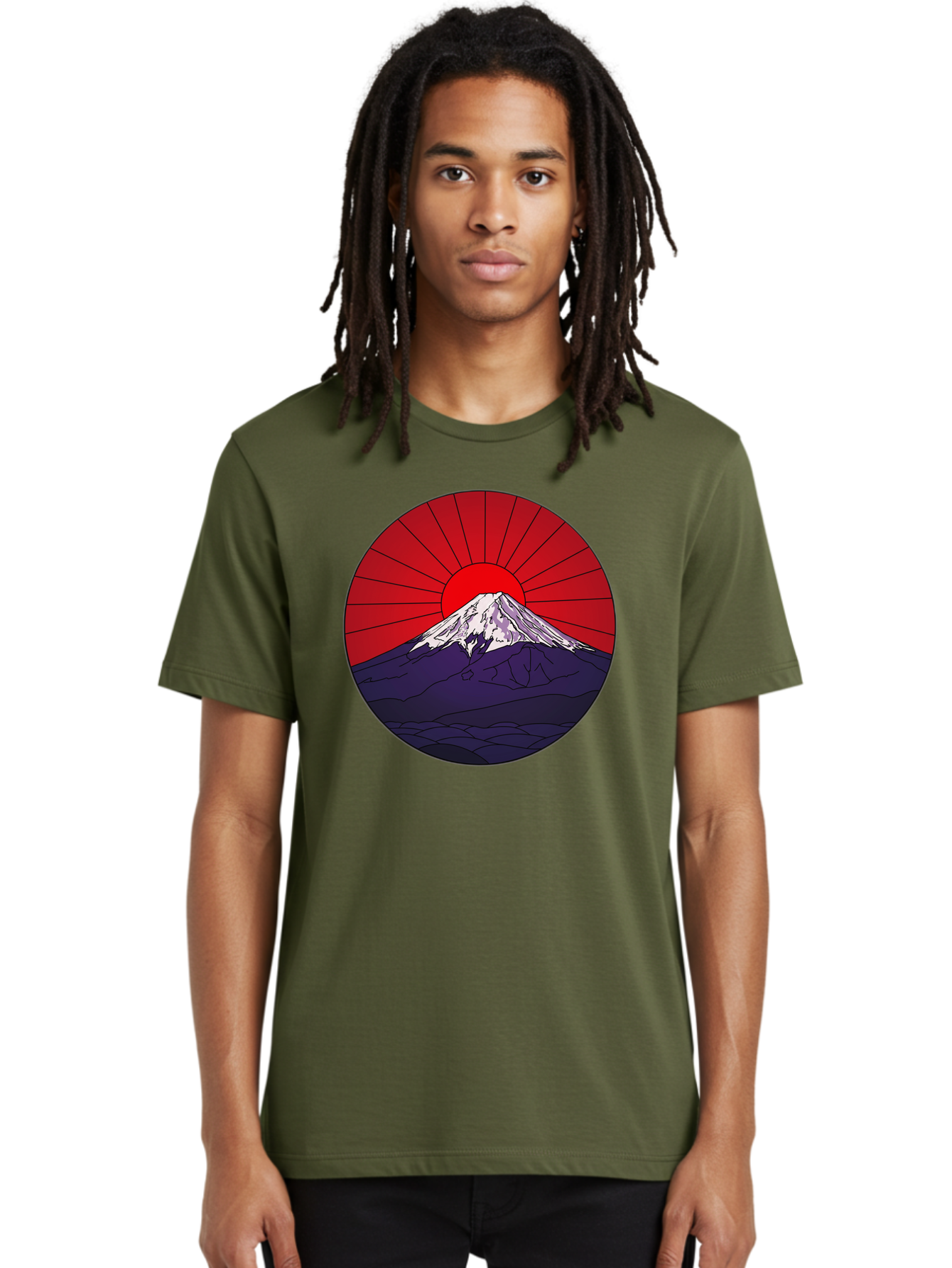 Fujisan Men'S Graphic Tee, 100% Cotton, Comfortable Casual Summer Wear, Machine Washable, Mount Fuji Landscape, Red Sunrise, Iconic Mountain, Japan Scenery, Minimalist Art, Sunrise Over Mountains, Snow-Capped Peak Bad953
