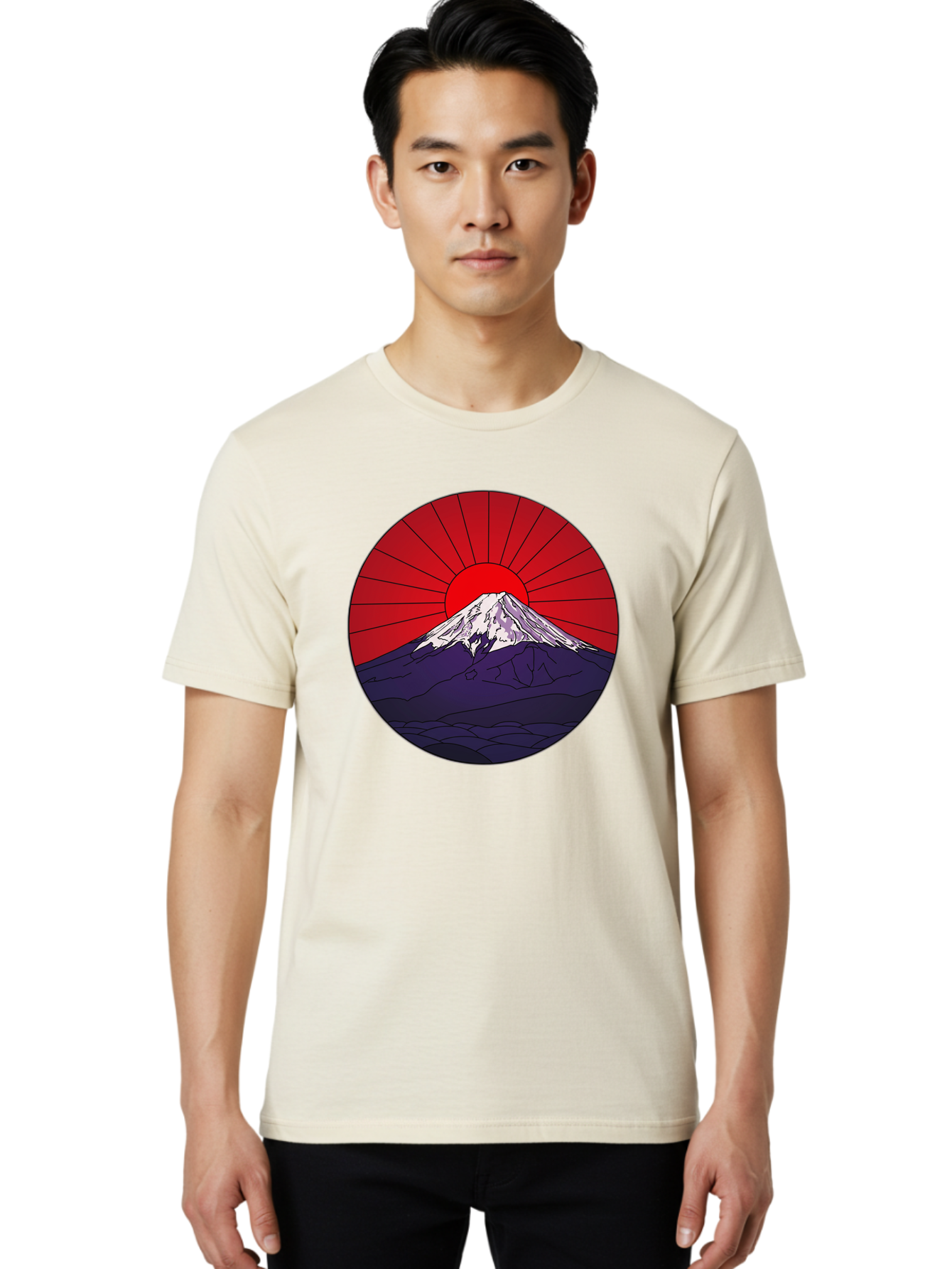 Fujisan Men'S Graphic Tee, 100% Cotton, Comfortable Casual Summer Wear, Machine Washable, Mount Fuji Landscape, Red Sunrise, Iconic Mountain, Japan Scenery, Minimalist Art, Sunrise Over Mountains, Snow-Capped Peak Bad953