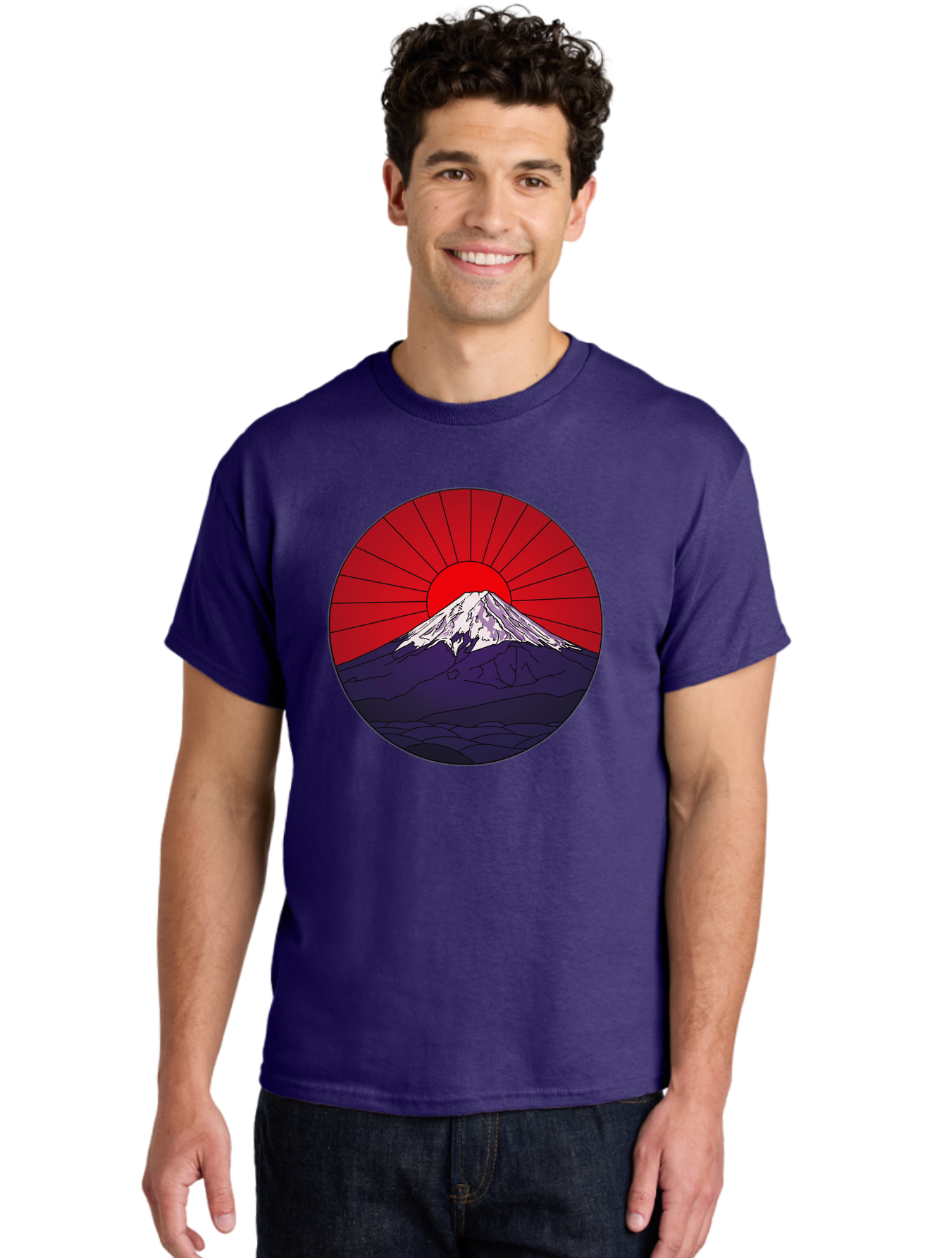 Fujisan Men'S Graphic Tee, 100% Cotton, Comfortable Casual Summer Wear, Machine Washable, Mount Fuji Landscape, Red Sunrise, Iconic Mountain, Japan Scenery, Minimalist Art, Sunrise Over Mountains, Snow-Capped Peak Bad953