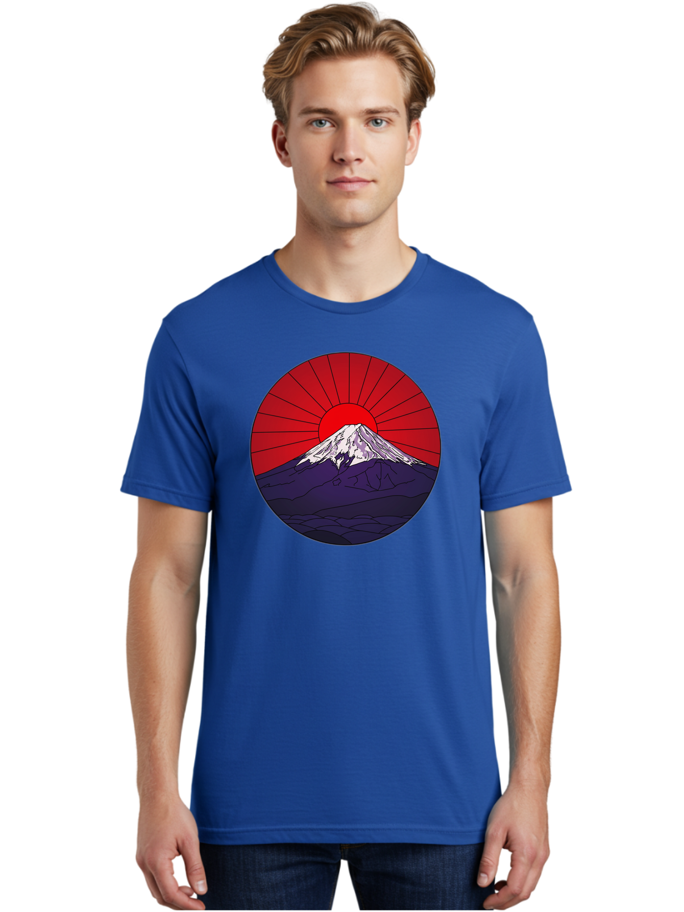 Fujisan Men'S Graphic Tee, 100% Cotton, Comfortable Casual Summer Wear, Machine Washable, Mount Fuji Landscape, Red Sunrise, Iconic Mountain, Japan Scenery, Minimalist Art, Sunrise Over Mountains, Snow-Capped Peak Bad953