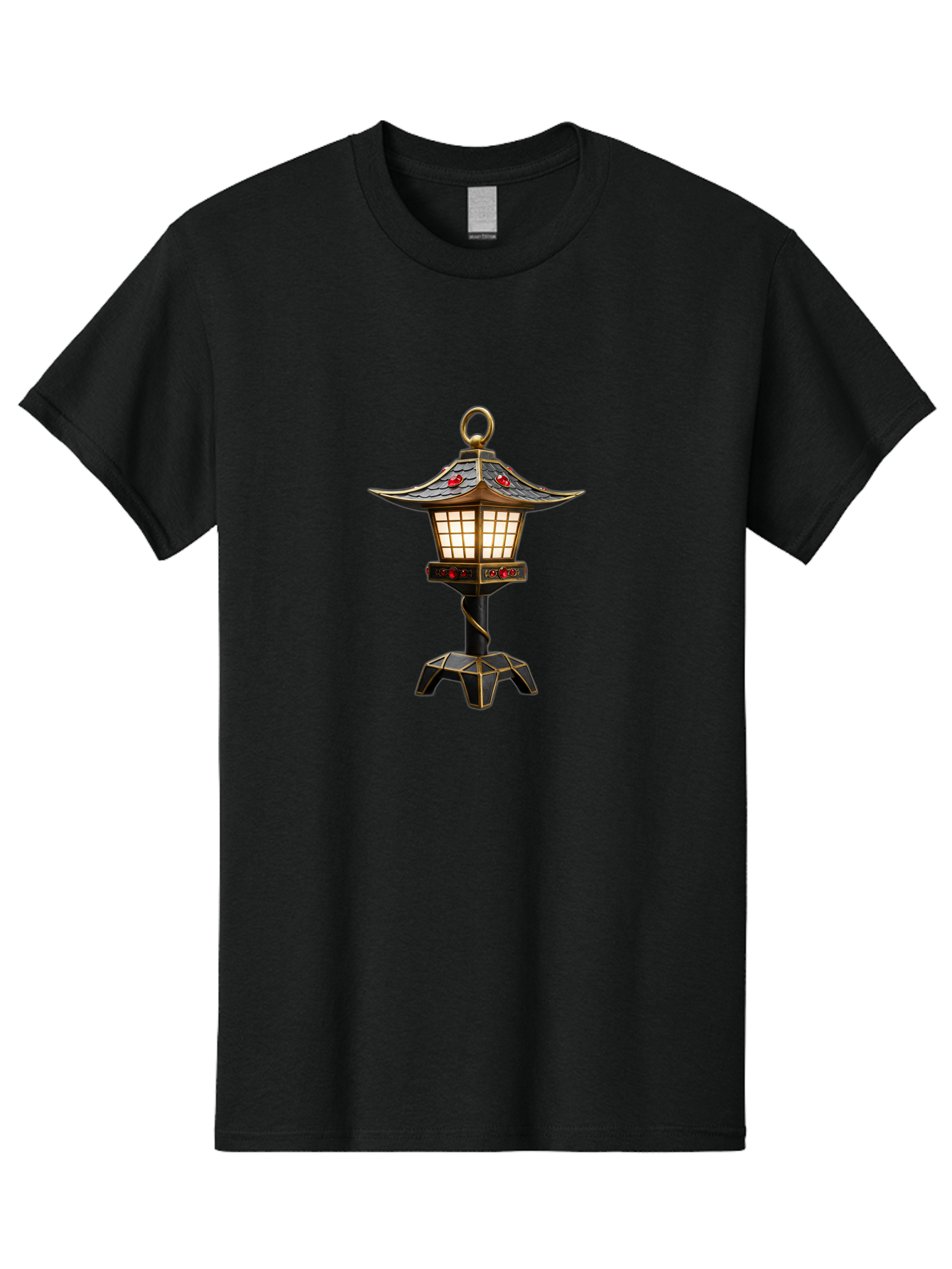 Japanese-Lantern-2 Men'S Graphic Tee, 100% Cotton, Comfortable Casual Summer Wear, Machine Washable, Traditional Pagoda Lantern, Ornate Metalwork, Red Gemstones, Gold Trim, Soft Glow, Warm Lighting, Japanese Decor, Oriental Design, Bad955