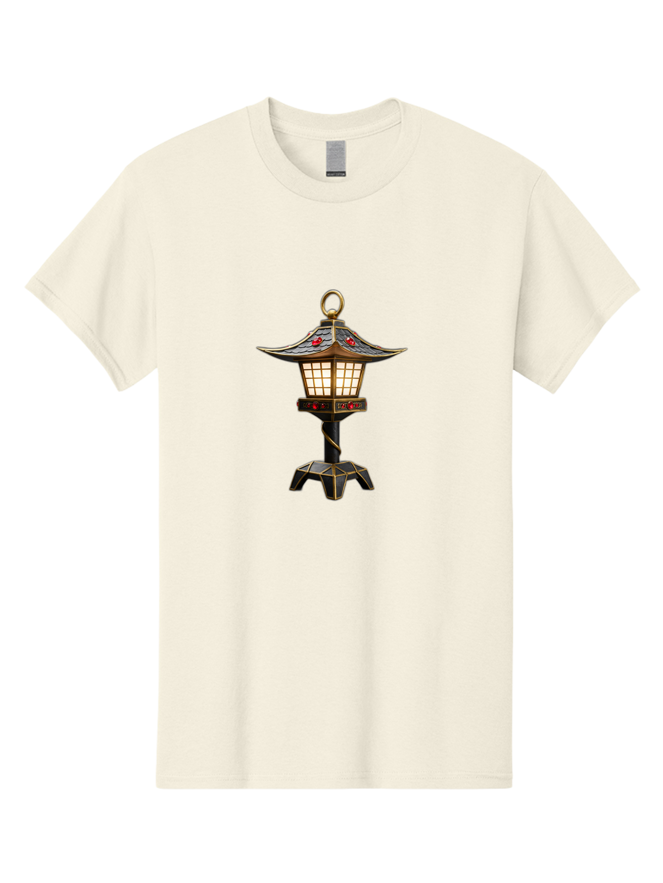 Japanese-Lantern-2 Men'S Graphic Tee, 100% Cotton, Comfortable Casual Summer Wear, Machine Washable, Traditional Pagoda Lantern, Ornate Metalwork, Red Gemstones, Gold Trim, Soft Glow, Warm Lighting, Japanese Decor, Oriental Design, Bad955
