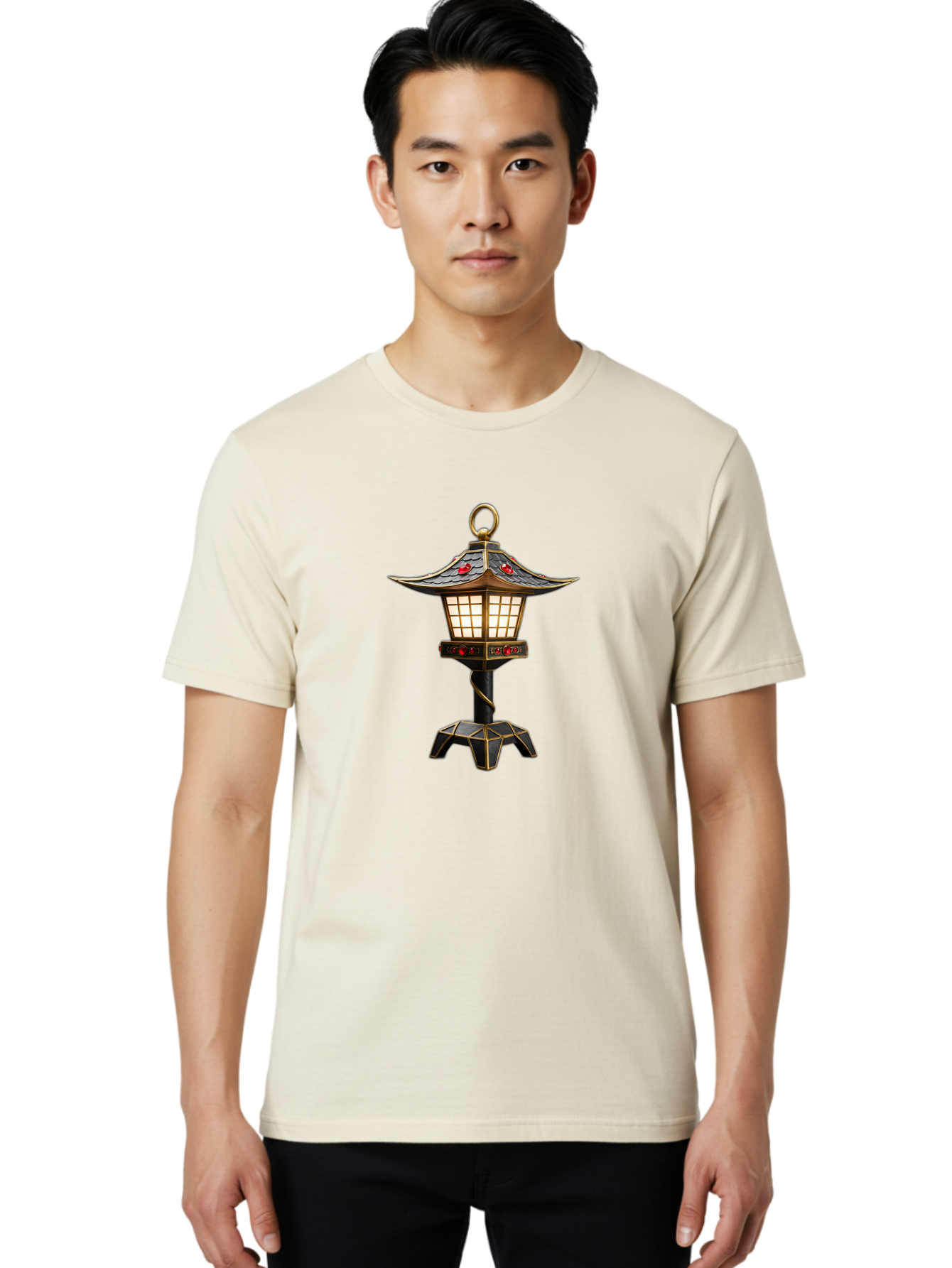 Japanese-Lantern-2 Men'S Graphic Tee, 100% Cotton, Comfortable Casual Summer Wear, Machine Washable, Traditional Pagoda Lantern, Ornate Metalwork, Red Gemstones, Gold Trim, Soft Glow, Warm Lighting, Japanese Decor, Oriental Design, Bad955