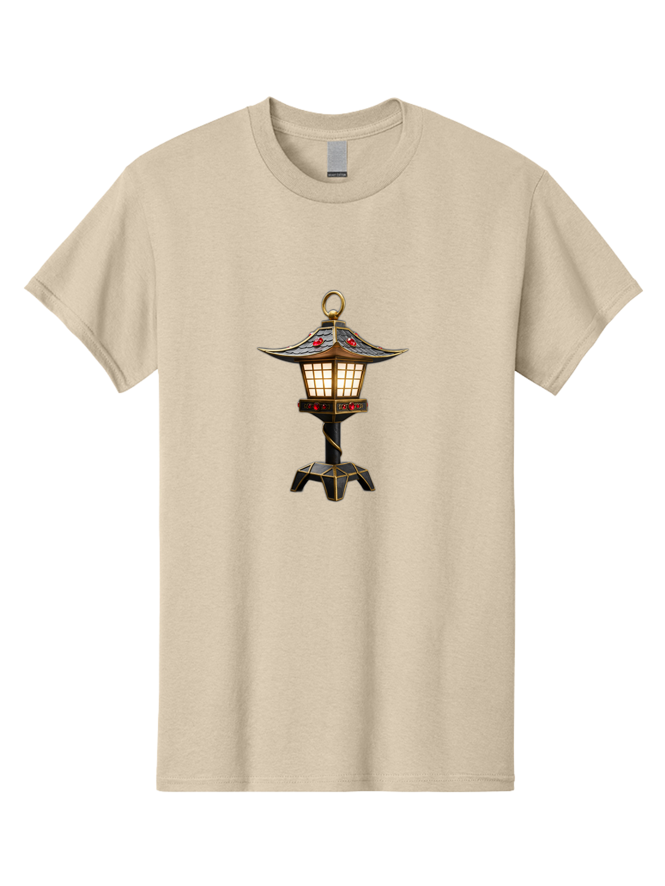 Japanese-Lantern-2 Men'S Graphic Tee, 100% Cotton, Comfortable Casual Summer Wear, Machine Washable, Traditional Pagoda Lantern, Ornate Metalwork, Red Gemstones, Gold Trim, Soft Glow, Warm Lighting, Japanese Decor, Oriental Design, Bad955
