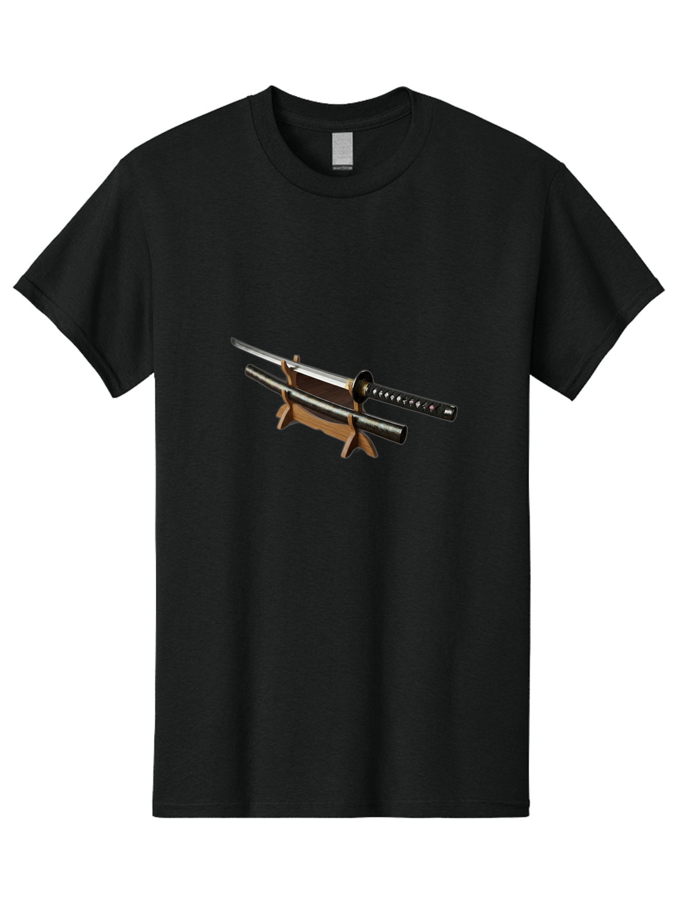 Katana-And-Scabbard Men'S Graphic Tee, 100% Cotton, Comfortable Casual Summer Wear, Machine Washable, Katana Sword, Japanese Sword, Samurai Sword, Katana On Stand, Sword Display, Traditional Japanese, Martial Arts, Black Scabbard, Wooden Stand Bad958