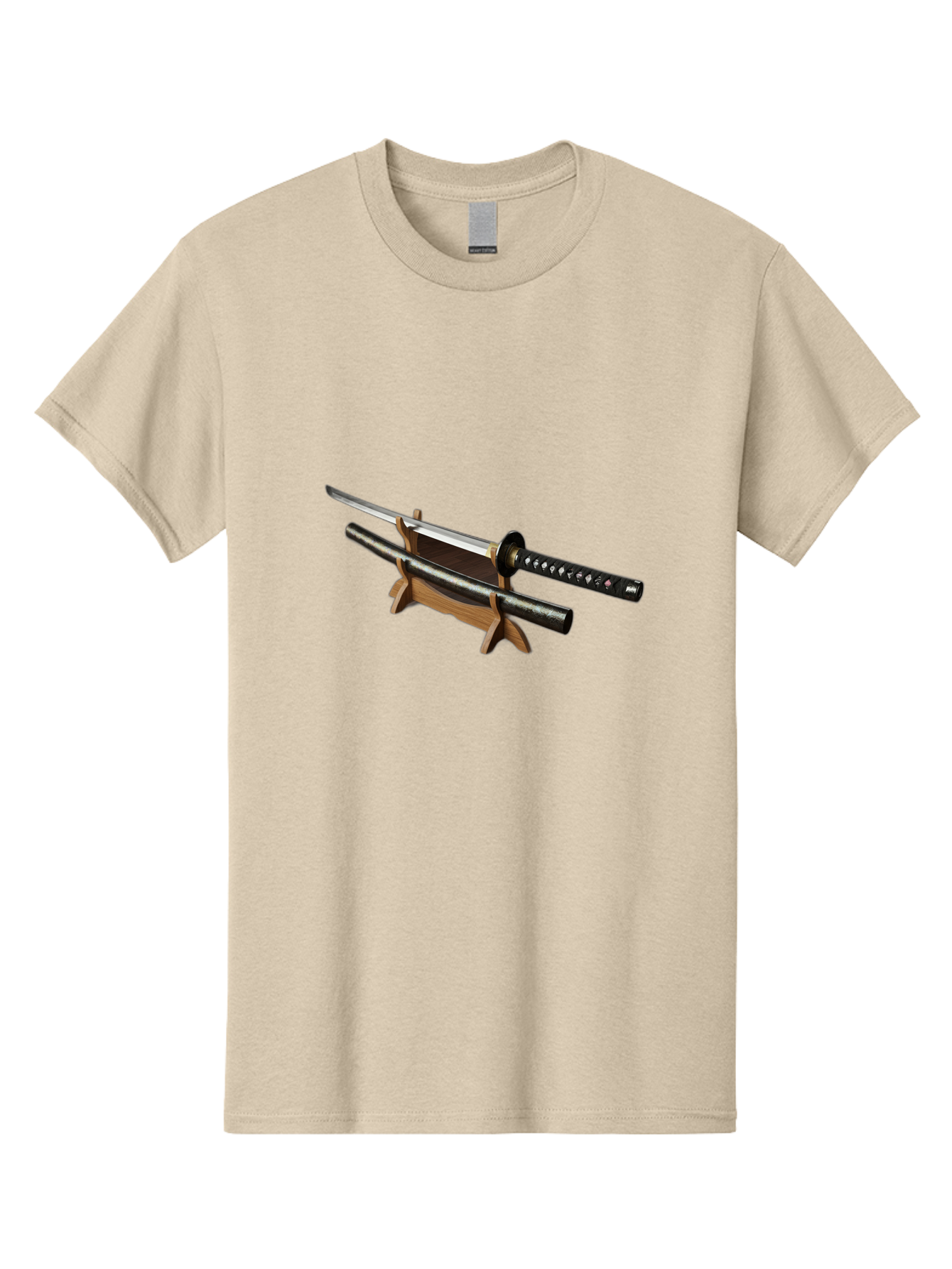 Katana-And-Scabbard Men'S Graphic Tee, 100% Cotton, Comfortable Casual Summer Wear, Machine Washable, Katana Sword, Japanese Sword, Samurai Sword, Katana On Stand, Sword Display, Traditional Japanese, Martial Arts, Black Scabbard, Wooden Stand Bad958