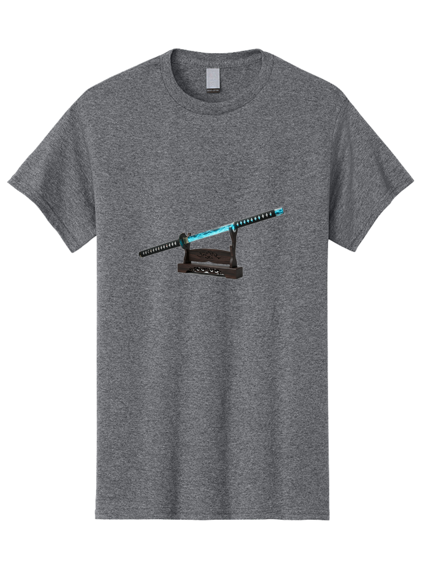 Katana-Sword-1 Men'S Graphic Tee, 100% Cotton, Comfortable Casual Summer Wear, Machine Washable, Katana Sword, Nichirin Blade, Anime Sword, Fantasy Sword, Sword On Stand, Katana Art, Japanese Sword, Blue Flame, Unique Handle, Artistic Display Bad959