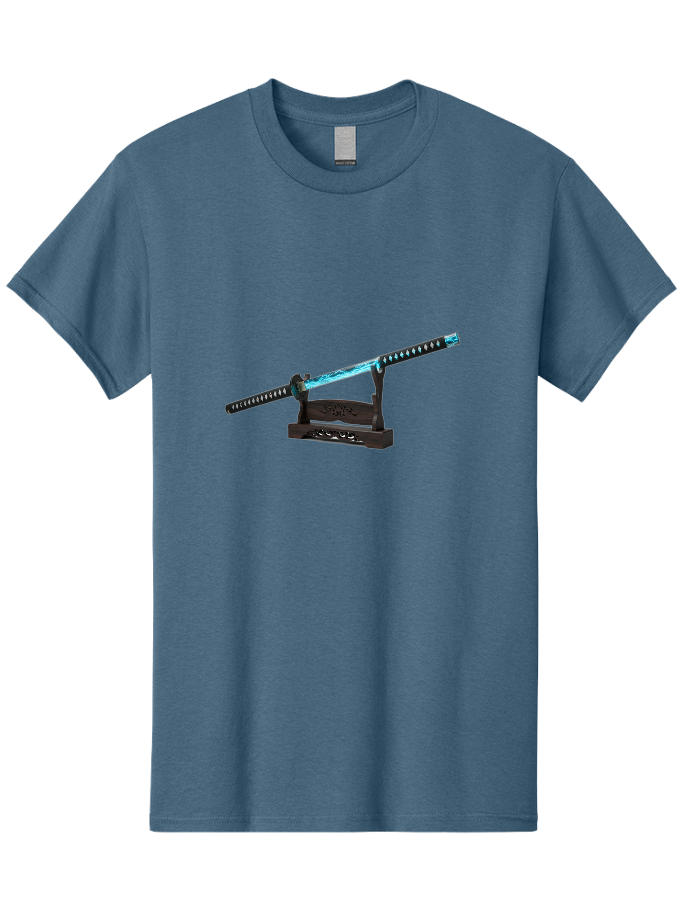 Katana-Sword-1 Men'S Graphic Tee, 100% Cotton, Comfortable Casual Summer Wear, Machine Washable, Katana Sword, Nichirin Blade, Anime Sword, Fantasy Sword, Sword On Stand, Katana Art, Japanese Sword, Blue Flame, Unique Handle, Artistic Display Bad959