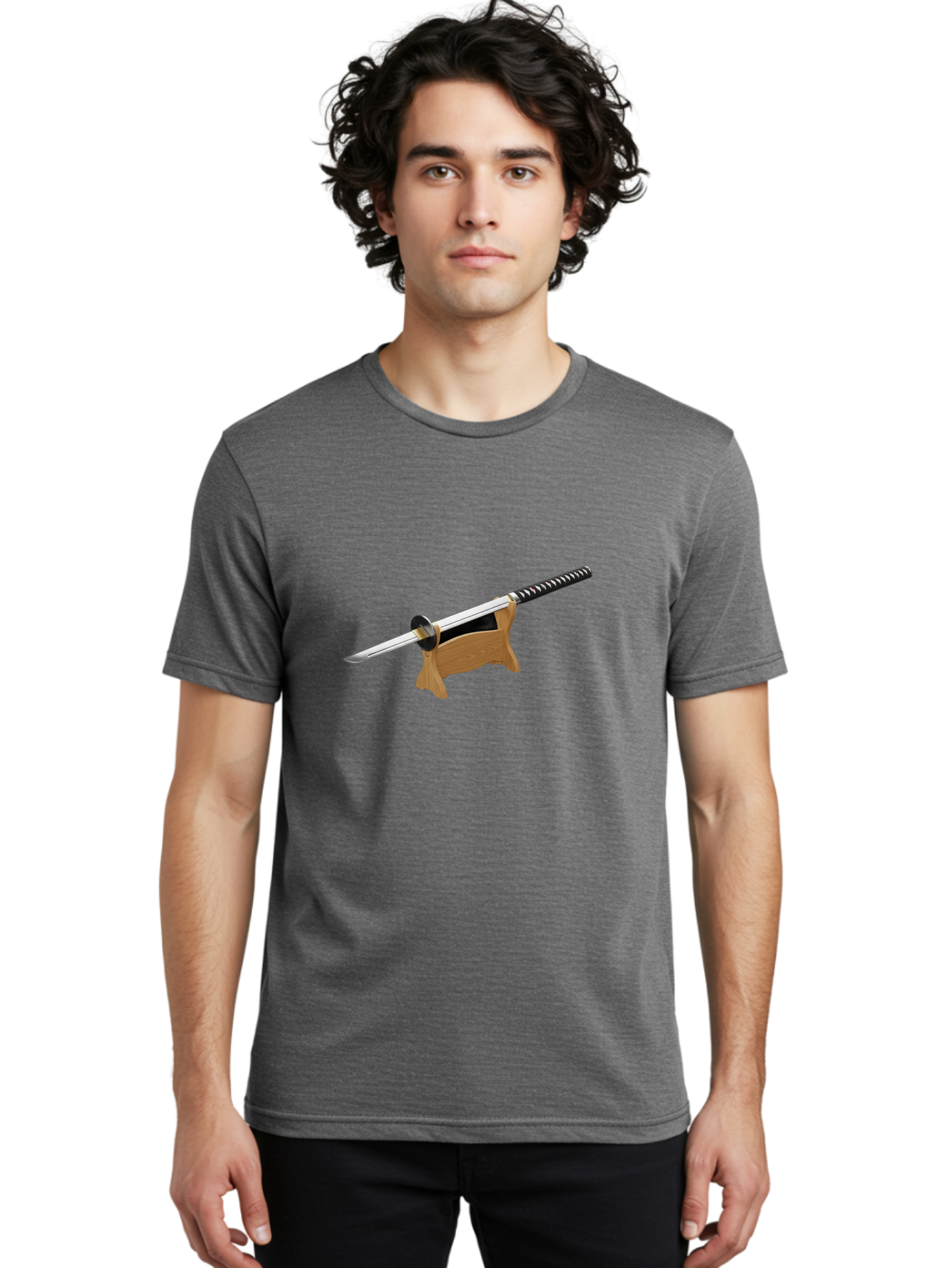 Katana-Sword Men'S Graphic Tee, 100% Cotton, Comfortable Casual Summer Wear, Machine Washable, Samurai Sword, Katana, Japanese Sword, Wooden Stand, Metal Guard, Hand Grip, Sword Display, Martial Arts Equipment, Historical Weapon Bad960