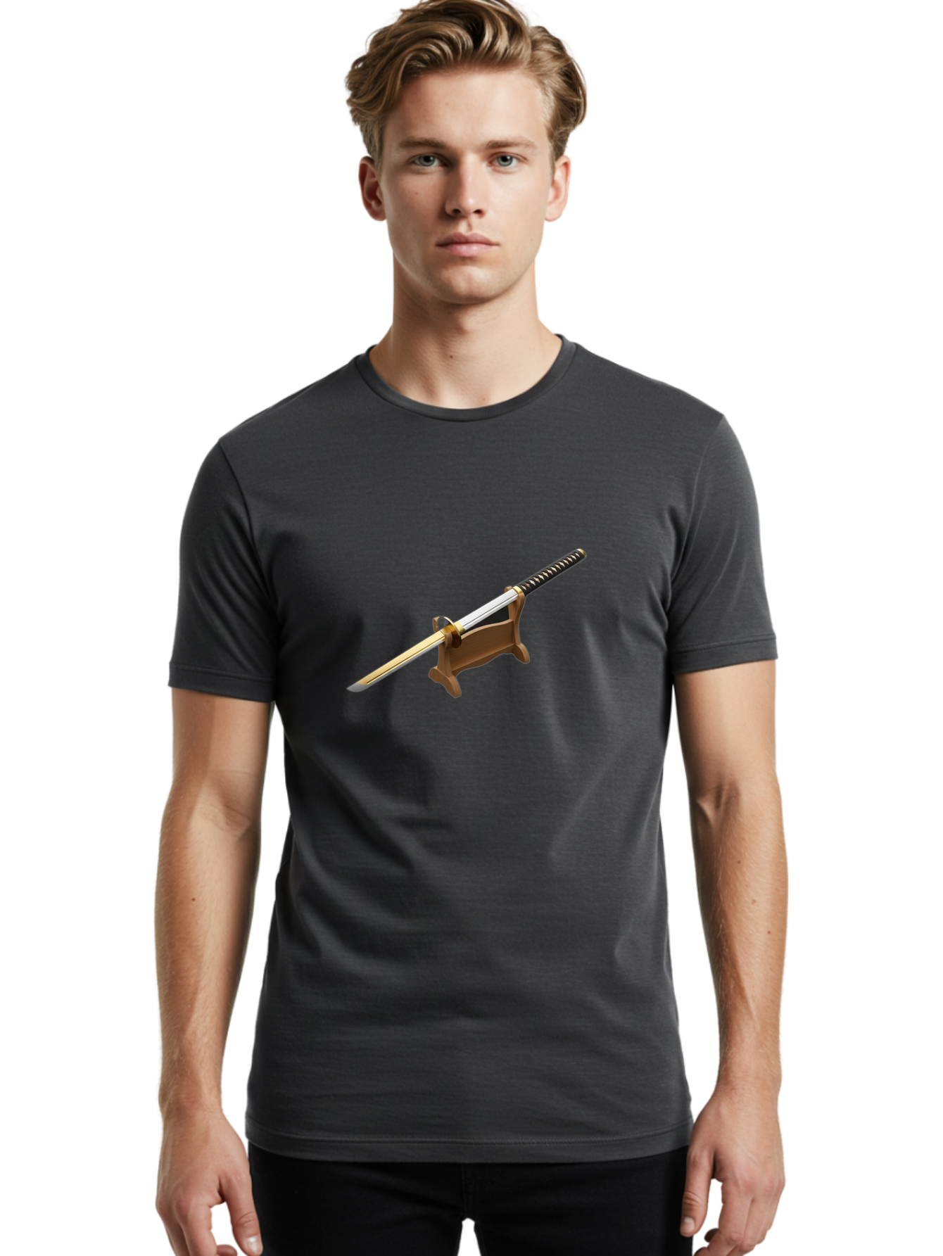 Katana Men'S Graphic Tee, 100% Cotton, Comfortable Casual Summer Wear, Machine Washable, Katana Sword, Samurai Sword, Japanese Blade, Sword On Stand, Martial Arts, Historical Weapon, Metal Sword, Sharp Blade Bad961