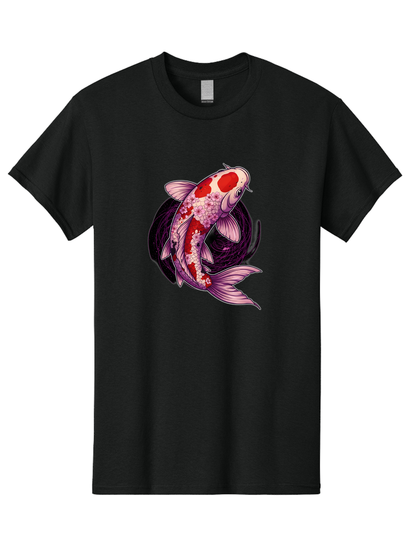 Koi-Fish-1 Men'S Graphic Tee, 100% Cotton, Comfortable Casual Summer Wear, Machine Washable, Koi Fish, Floral Patterns, Red And White Scales, Pink Flowers, Dynamic Swirl, Elegant Design, Japanese Inspiration, Symbolic Fish, Water Creature, Bad962