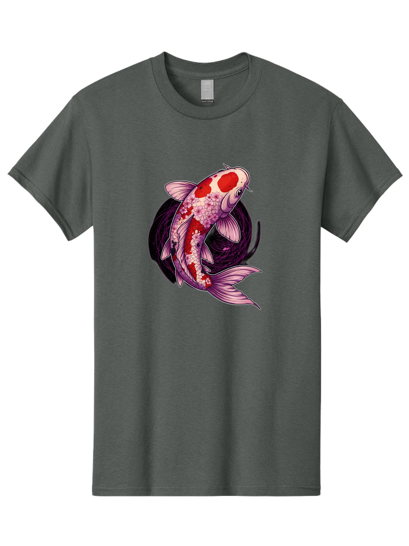 Koi-Fish-1 Men'S Graphic Tee, 100% Cotton, Comfortable Casual Summer Wear, Machine Washable, Koi Fish, Floral Patterns, Red And White Scales, Pink Flowers, Dynamic Swirl, Elegant Design, Japanese Inspiration, Symbolic Fish, Water Creature, Bad962