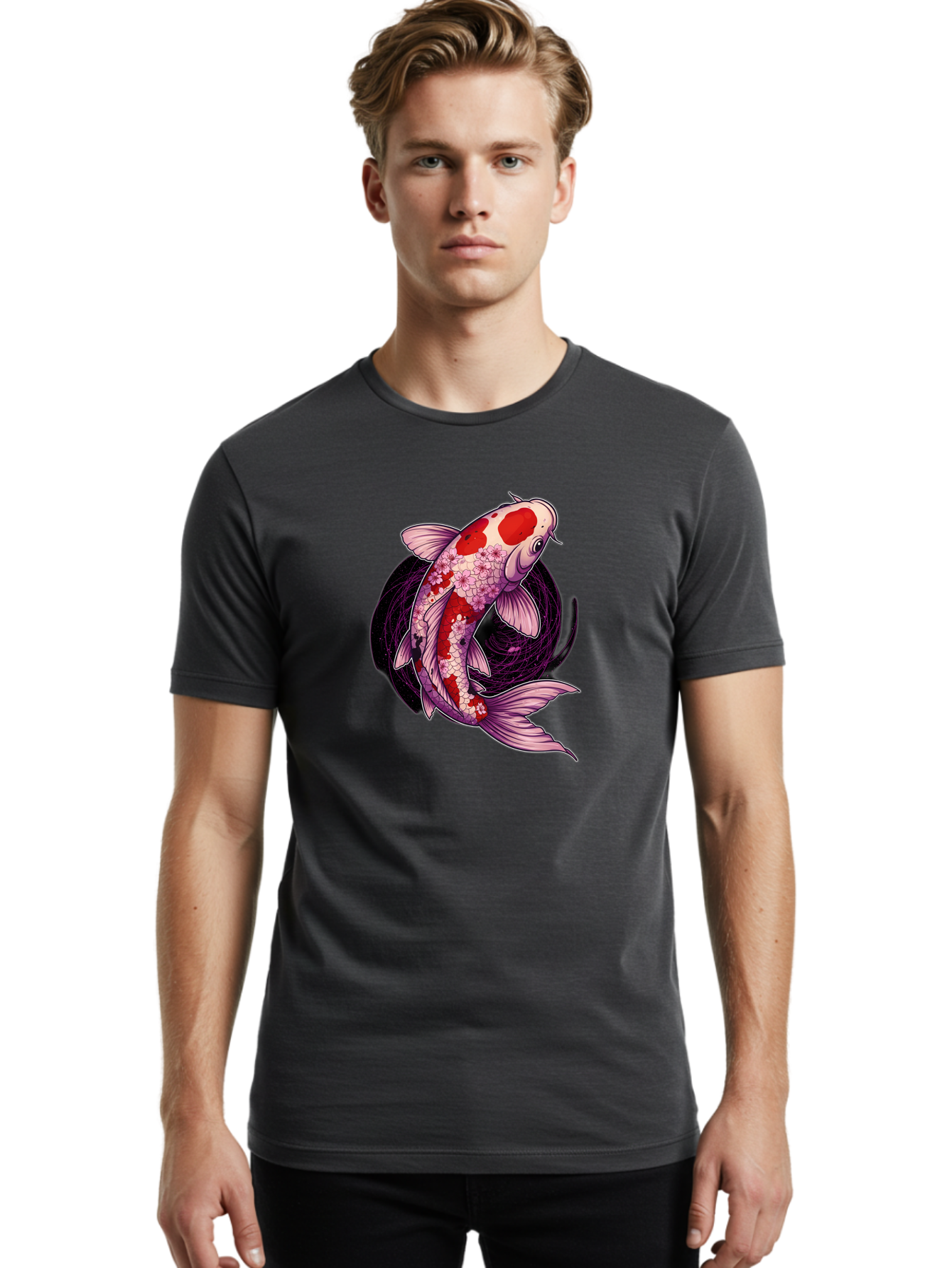 Koi-Fish-1 Men'S Graphic Tee, 100% Cotton, Comfortable Casual Summer Wear, Machine Washable, Koi Fish, Floral Patterns, Red And White Scales, Pink Flowers, Dynamic Swirl, Elegant Design, Japanese Inspiration, Symbolic Fish, Water Creature, Bad962