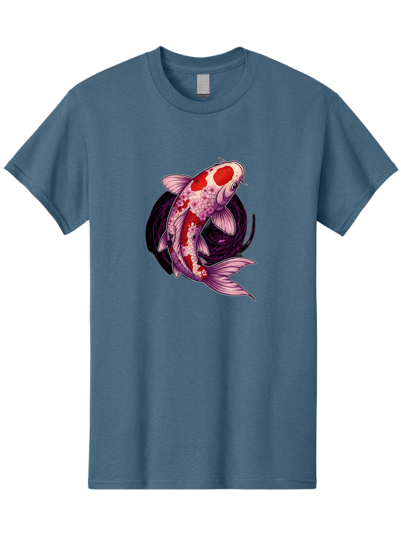 Koi-Fish-1 Men'S Graphic Tee, 100% Cotton, Comfortable Casual Summer Wear, Machine Washable, Koi Fish, Floral Patterns, Red And White Scales, Pink Flowers, Dynamic Swirl, Elegant Design, Japanese Inspiration, Symbolic Fish, Water Creature, Bad962