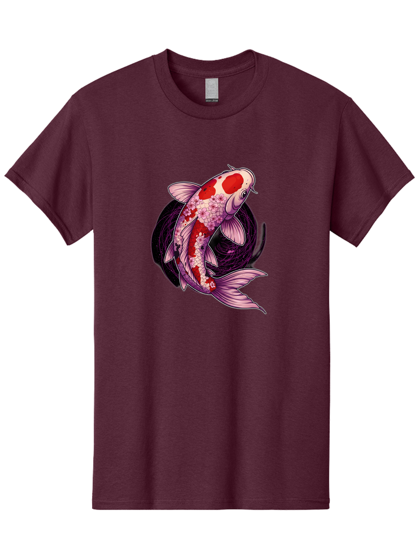 Koi-Fish-1 Men'S Graphic Tee, 100% Cotton, Comfortable Casual Summer Wear, Machine Washable, Koi Fish, Floral Patterns, Red And White Scales, Pink Flowers, Dynamic Swirl, Elegant Design, Japanese Inspiration, Symbolic Fish, Water Creature, Bad962