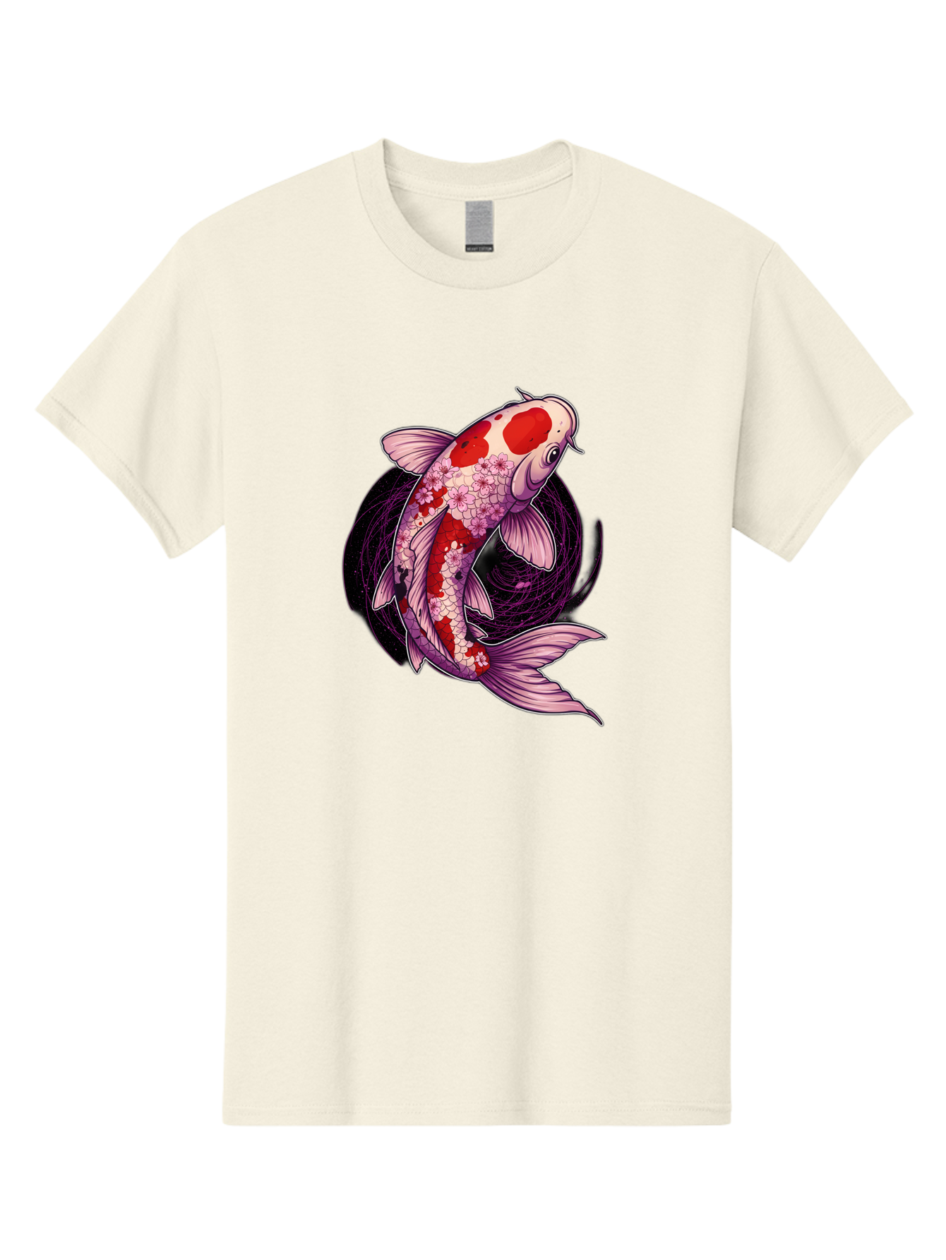Koi-Fish-1 Men'S Graphic Tee, 100% Cotton, Comfortable Casual Summer Wear, Machine Washable, Koi Fish, Floral Patterns, Red And White Scales, Pink Flowers, Dynamic Swirl, Elegant Design, Japanese Inspiration, Symbolic Fish, Water Creature, Bad962