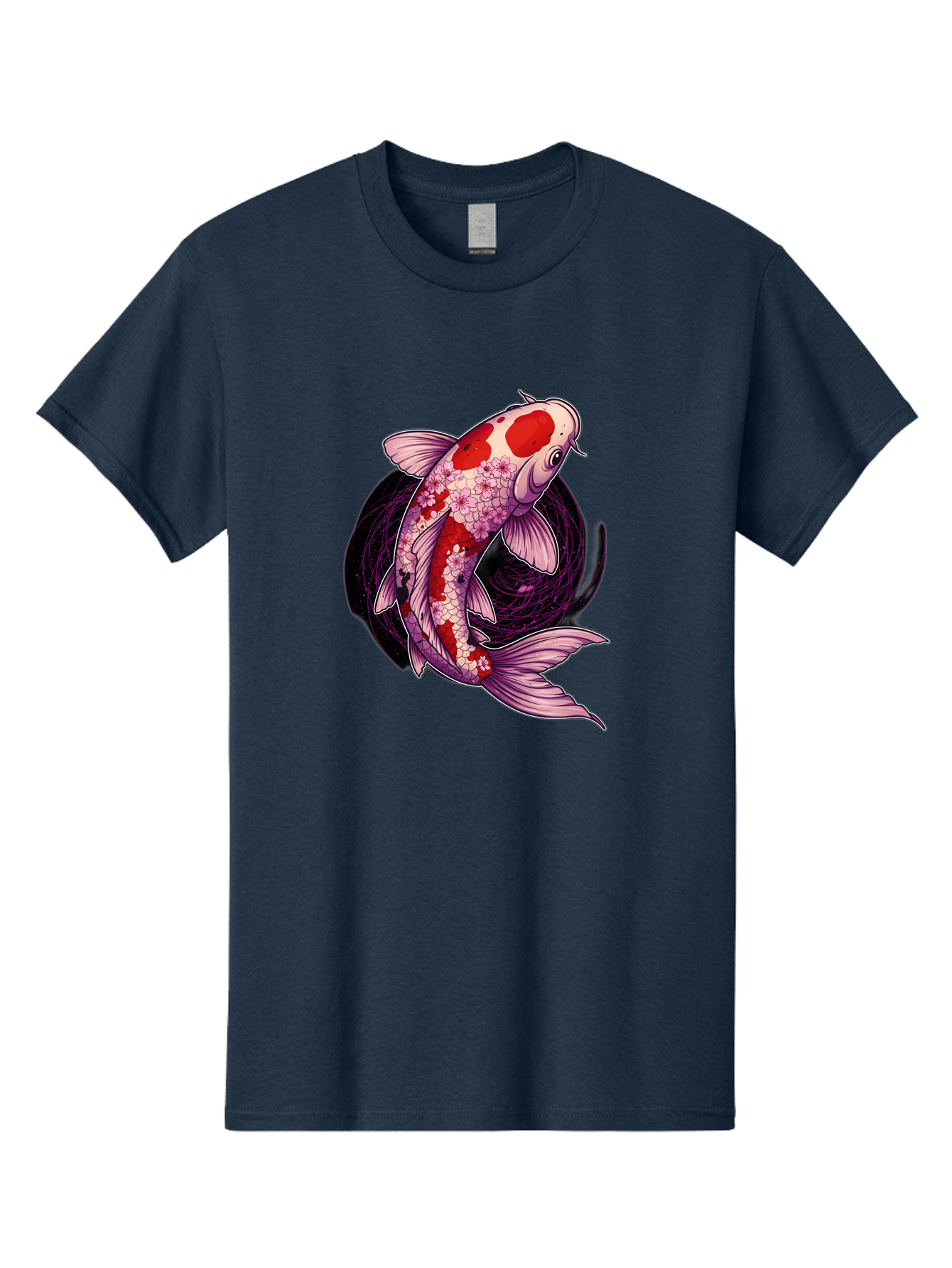 Koi-Fish-1 Men'S Graphic Tee, 100% Cotton, Comfortable Casual Summer Wear, Machine Washable, Koi Fish, Floral Patterns, Red And White Scales, Pink Flowers, Dynamic Swirl, Elegant Design, Japanese Inspiration, Symbolic Fish, Water Creature, Bad962