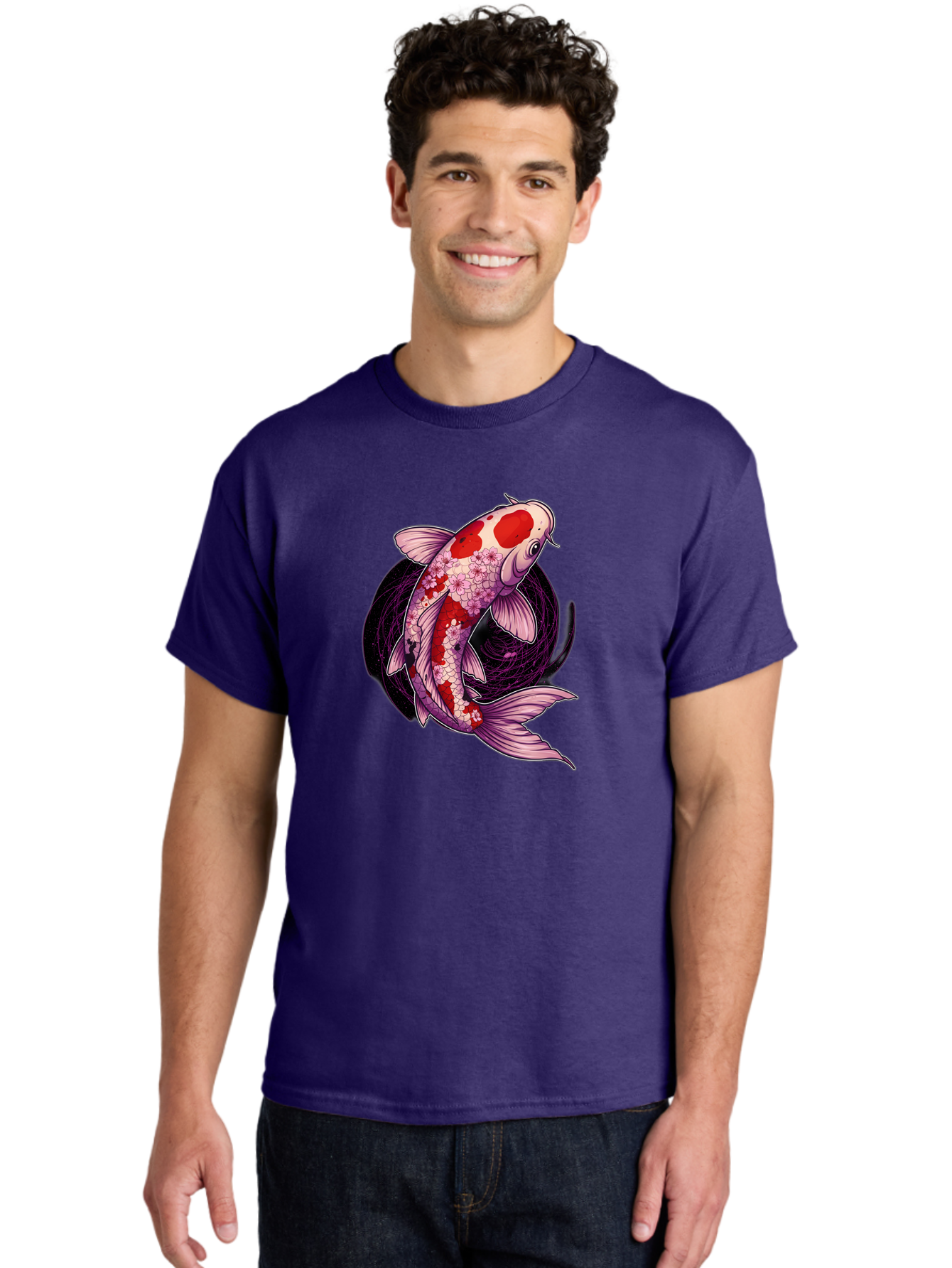 Koi-Fish-1 Men'S Graphic Tee, 100% Cotton, Comfortable Casual Summer Wear, Machine Washable, Koi Fish, Floral Patterns, Red And White Scales, Pink Flowers, Dynamic Swirl, Elegant Design, Japanese Inspiration, Symbolic Fish, Water Creature, Bad962